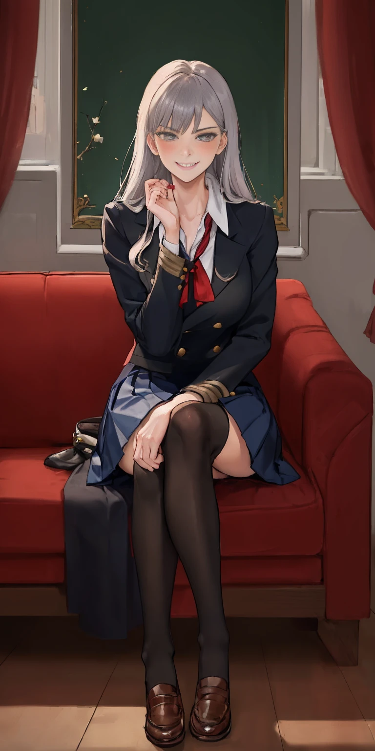 fictional Lady death, a lady sitting on red sofa, black attractive outfit, beautiful, grey eyes, proud, charming, intimate, appealing poses, relaxing(fantasy style)(lustful smirking smiley with face red blush)(wearing a schoolgirl uniform)(uniform tear aparts)