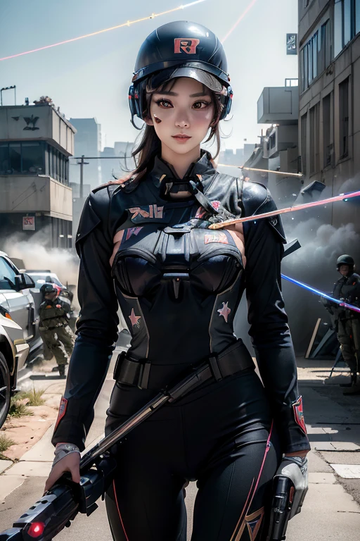 The ultra -The high-definition、Black Hair Bob、Bangs Patsun、cyberpunked、Leather Battlesuit、Japan Girls、25-years old、During the battle、Destroyed Tokyo in the near future