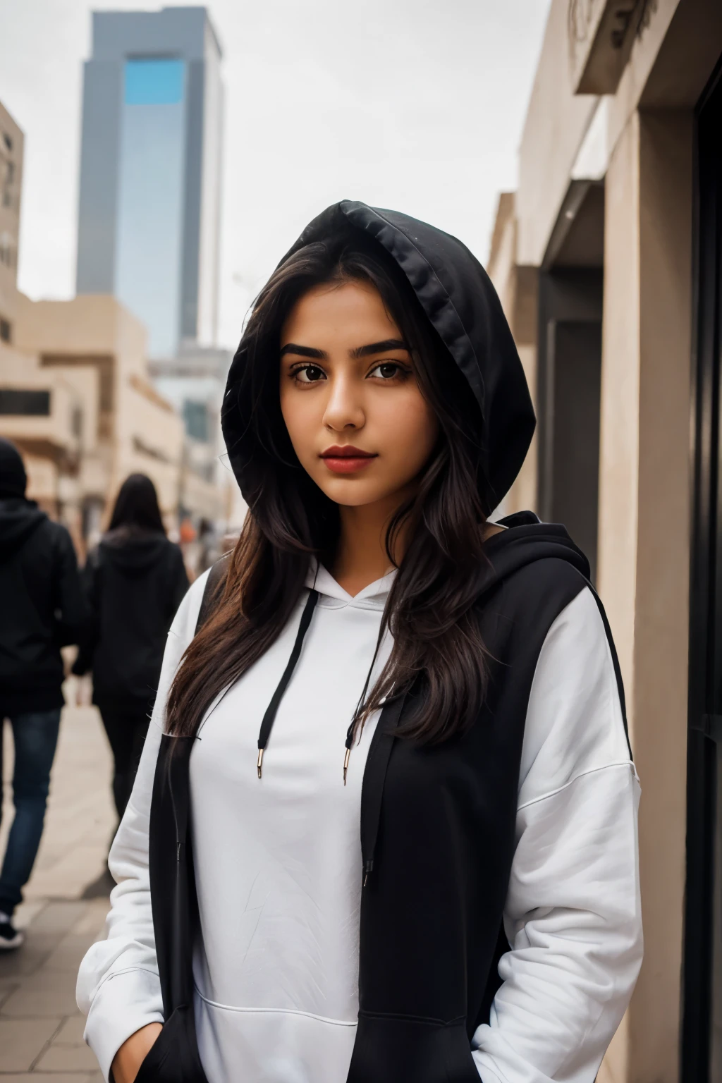 a portrait of a Saudi girl, looking at the viewer head hair black colour and big (white hoodie girl)Wearing lipstick. Background in public places