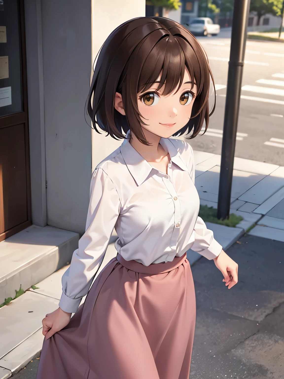 Dark brown hair, short hair, tall, medium chest, long skirt, pink skirt, white shirt, morning, walking on sidewalk, brown eyes, close up
