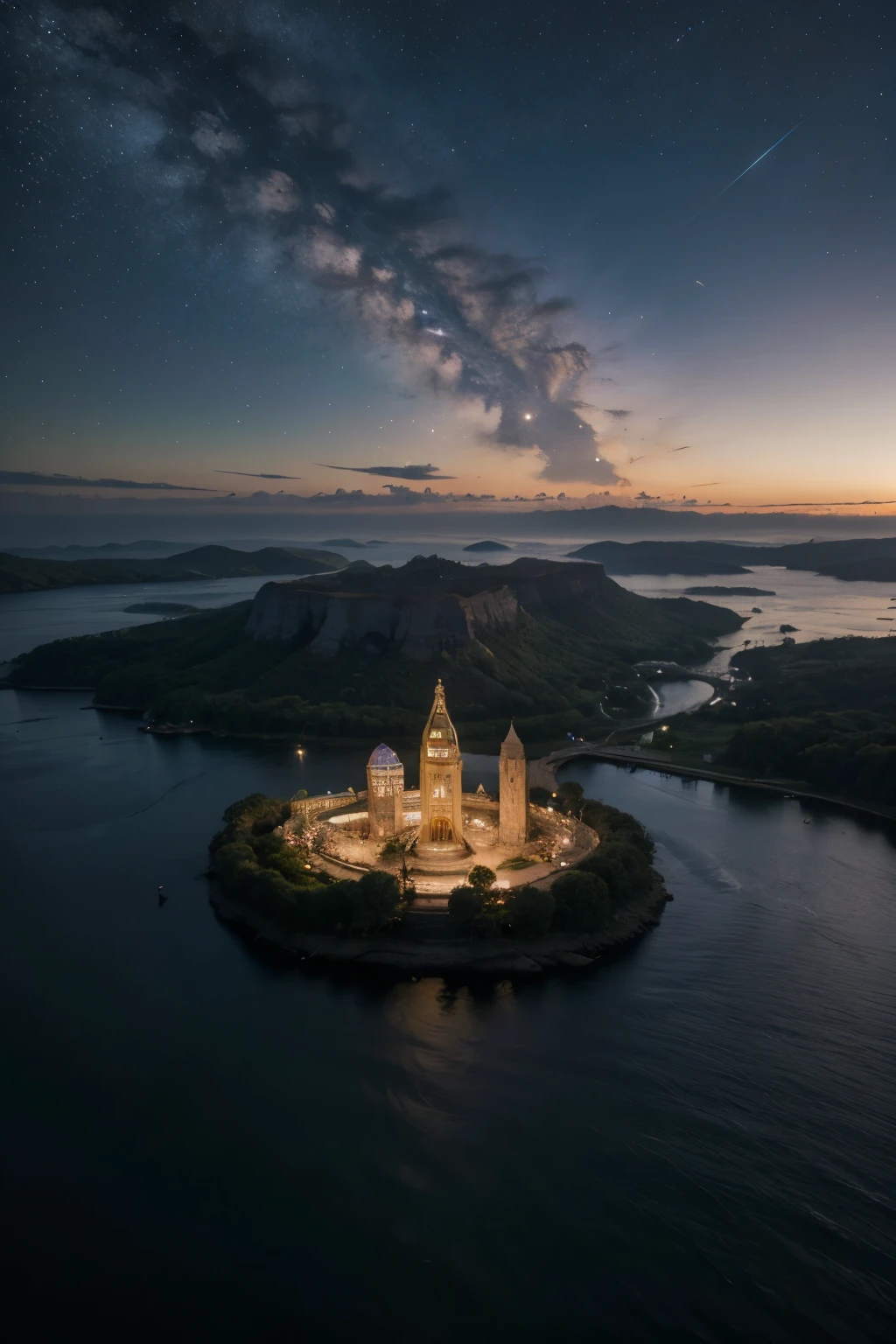 a beautiful crystal palace shining under milky way sky. located in a small island. photo realistic, ultra resolution 4K, colorful and spiritual, landscape mode