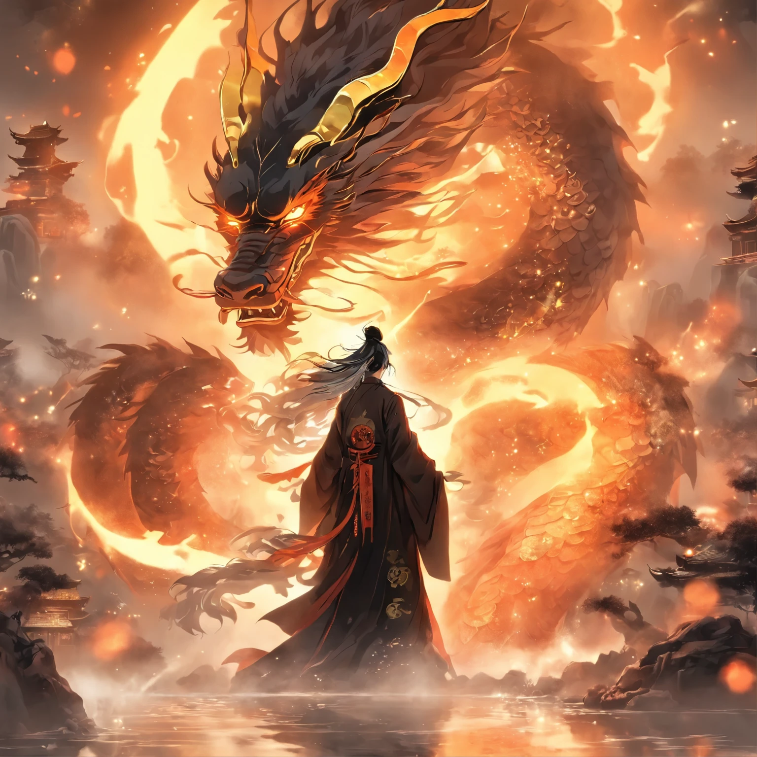 Chinese style,The medium scene is,Taoist priest stands in front of a transparent dragon,Reach out her hand,messy long hair,glow effect,surreal,Super real photos,Chinese black and white ink style,silver,discoloration,soil,Inky,8k,Super fine,high quality,Overclocked renderer