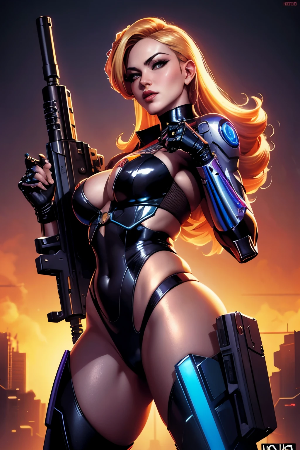 Madonna pulp poster of a bionic bombshell, a cyberpunk pin up girl with a metallic robotic body, holding a big gun, cabelos escuros longo, detailed features, quantum wavetracing, cinematic composition by hajime Sorayama