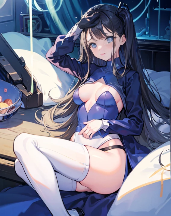 highest quality,sleeping face up in bed,Crab crotch,please show me your boots,thigh high boots,leotardチラ見せ,glove,Strange thieves,elegant, 1 girl, leotard,body suit,cute, blushed, looking at the viewer, from below, prison,blue eyes, beautiful eyes, beautiful background, particles of light, Light of the sun, dramatic lighting, outside, shiny, realistic, table top, highest quality, super detailed, be familiar with, scenery, beautiful and fine eyes, fine hair