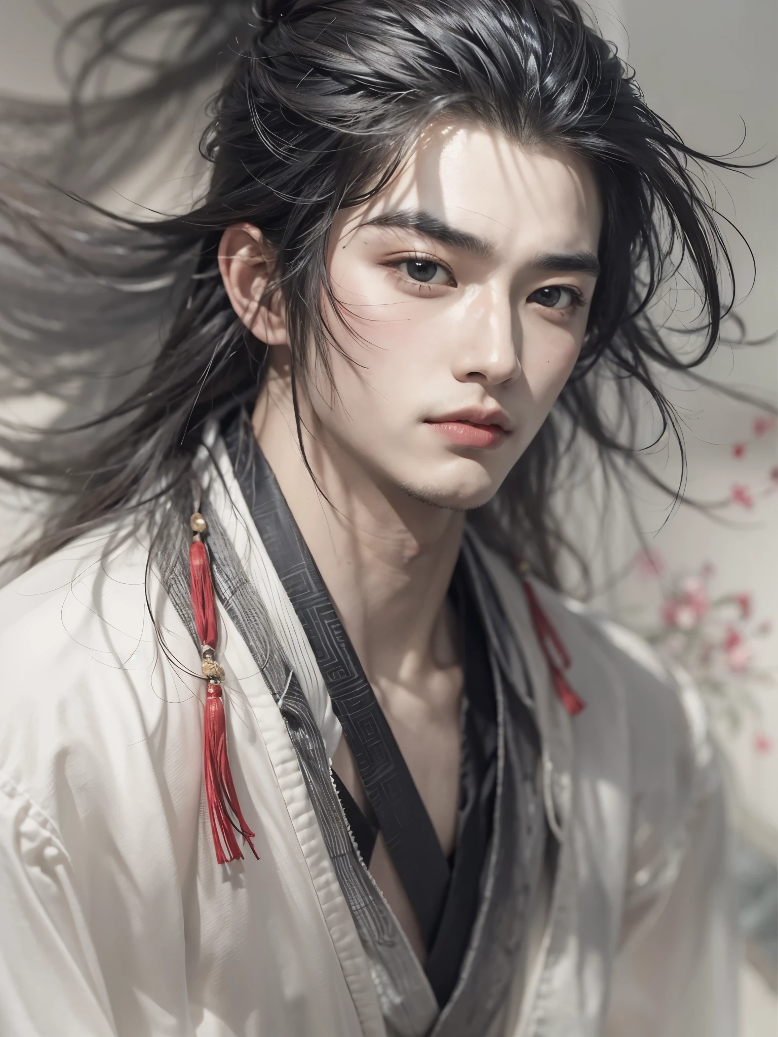 （male character design），（Close-up portrait of a cold and aloof Chinese handsome man Pan An），Pan An as a representative figure of Chinese male beauty，Messy long hair，Delicate with red lips and white teeth、Preferring to be soft and melancholy，Hairstyles in the Western Jin Dynasty of China，Literary and romantic，&quot;Looking like Pan An&quot; is used to describe a person who is elegant and has outstanding appearance.，Refers specifically to men，Inspired by the young Alain Delon，black and white，Chinese ink painting，black and white插画，