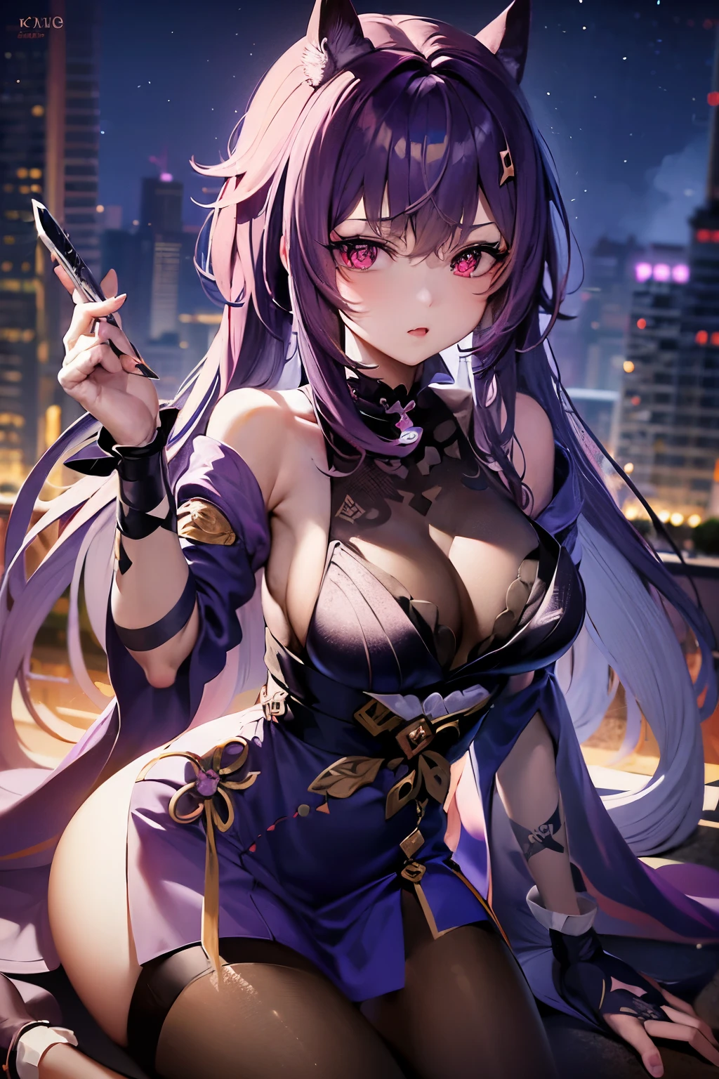 anime girl with long hair and purple eyes holding a knife, anime moe artstyle, best anime 4k konachan wallpaper, ayaka genshin impact, seductive anime girl, badass anime 8 k, anime art wallpaper 4k, anime art wallpaper 4 k, anime art wallpaper 8 k, anime style 4 k, keqing from genshin impact, zerochan art