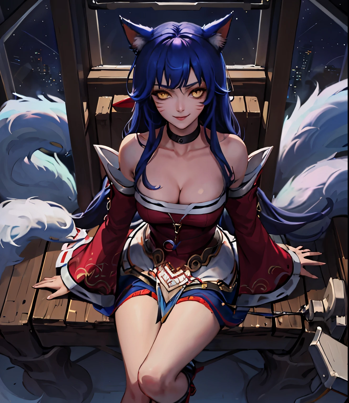 (absurdres, 8k, 4k, masterpiece, hyper extreme detailed:1.2), solo, 1girl, portrait, best quality, expressive eyes, perfect face, portrait, looking at viewer, solo, standing, female, serious, smirking, cowboy shot, ahri, fox ears, multiple tails, korean clothes, detached sleeves, (yellow eyes, whisker markings), beautiful, sitting, full body, cloudy sky, cleavage, high contrast, night, sitting down, leg over another, half body, 