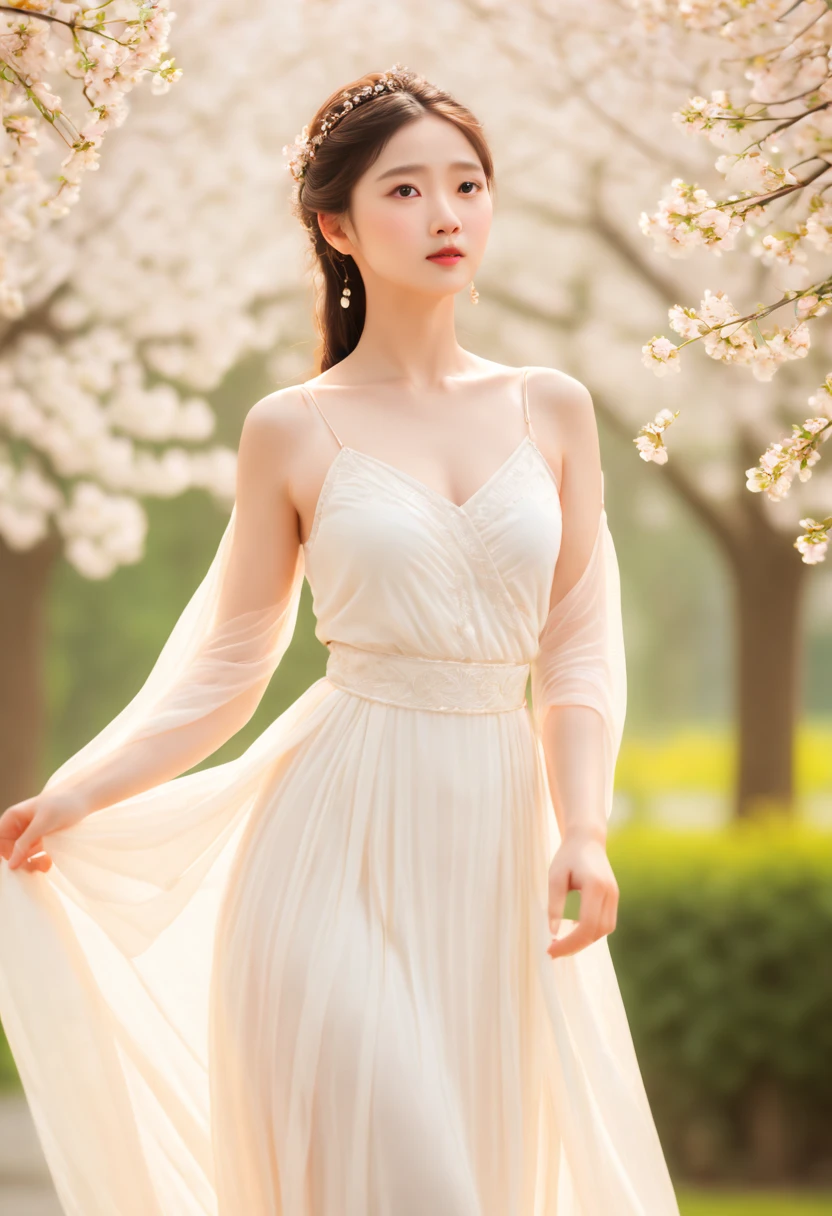 cinematic photo, a lady, white dress, flowers park, dynamic pose, soft color, 35mm photograph, film, bokeh, highly detailed, (realistic, photorealistic, RAWphoto:1.4), (best quality, masterpiece, Representative work, official art, Professional, 8k:1.3), china goddess