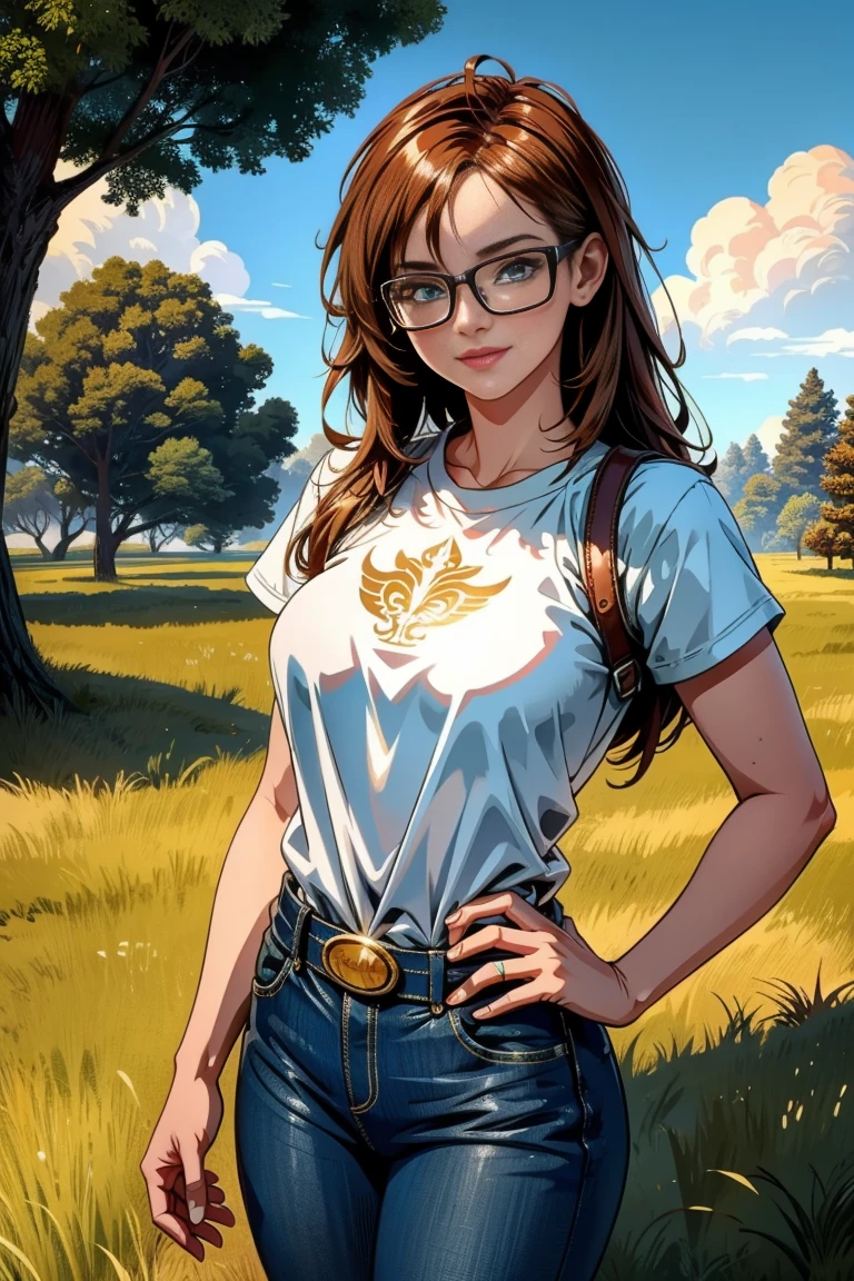 masterpiece, ((ultra detailed background, delicate pattern, intricate detail)), (highly detailed, fine detailest quality, beautiful lightinedium breasts, slim girl)), android 2a, 1girl, solo, brown hair, glasses , smile, t-shirt,jeans pants , blue eyes, bun, complex detailed background, blue sky, grass, trees, nature environment, (cowboy shot),