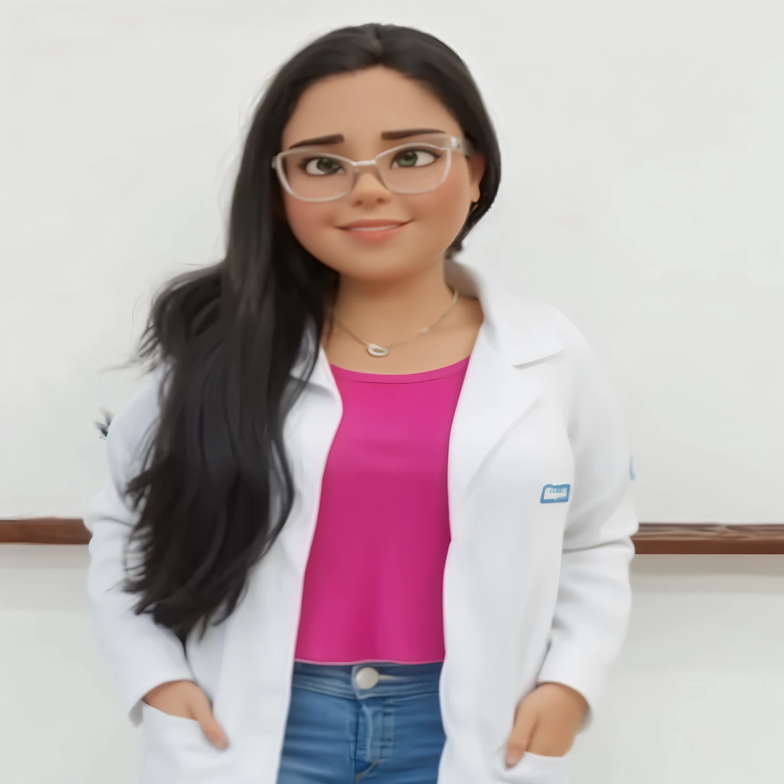 uma mulher com jaleco e jeans em frente a uma parede branca, vestindo jaleco e blusa, doutor, by Amélia Peláez, Alanis Guillen, Adriana Dxim, powder Nándor Katona, fernanda suarez, foto profissional, wearing lab coat and glasses, lorena avarez, embaralhamento dos namorados