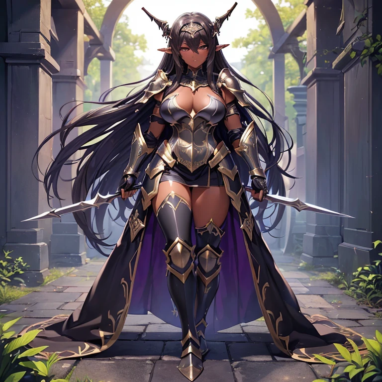 (((masterpiece、highest quality、Super detailed、)))1 female、black long hair waves、Glamour、(((dark elf、Dark skin、)))big breasts、Archer、gauntlet、Leg Armor、((Chest armor、armor、breastplate、))Costume main color purple sub green、Decorative parts are white、In the forest、gentle light and wind、Full body figure、