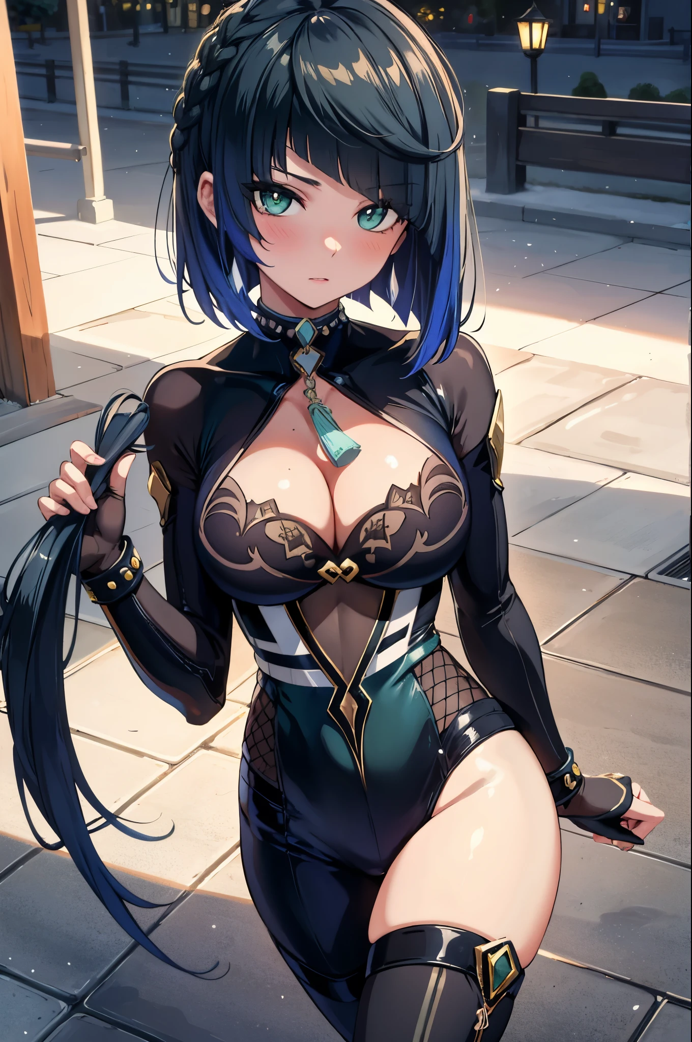 perfect body, sensual cleavage, medium breasts, black suit, Christmas outfit, Ultra HD, 4k image, view of the character from above, best image quality, (fidelity: 1.4), light green globe eyes, eyelashes, beautiful pupil, shadows , slight blush, delicate facial features, reasonable facial features, bare shoulders exposed, waist exposed