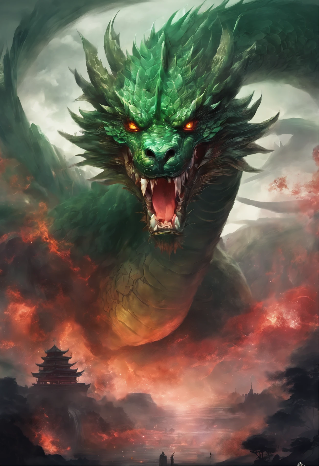 Chinese style,Chinese mythology,Green Dragon,dongquan,ferocious,huge,The eyes glow red,glow effect,surrounded by clouds,The medium scene is,full body portrait, Highly detailed and hyper-realistic visuals,oc rendering, - AR 16:9 --q 2 --s 1000