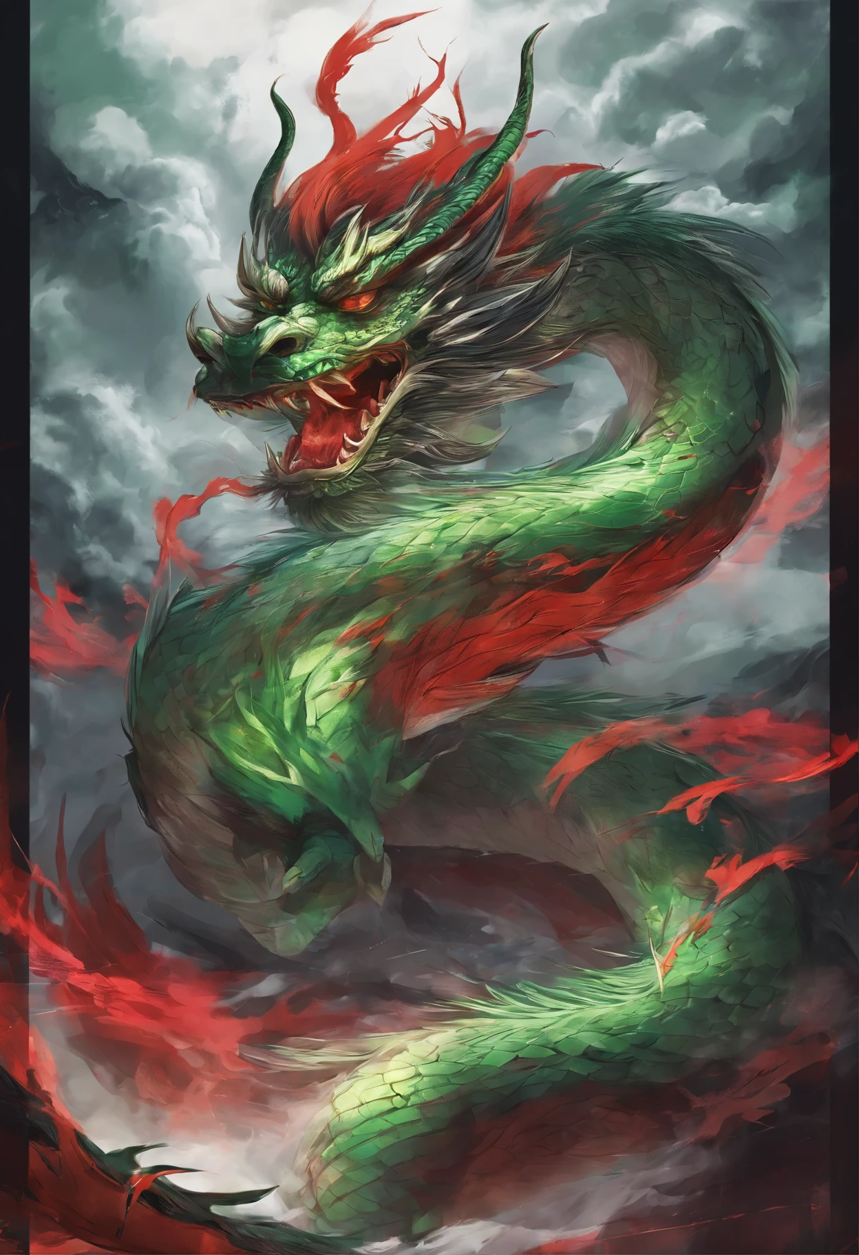 Chinese style,Chinese mythology,Green Dragon,dongquan,ferocious,huge,The eyes glow red,glow effect,surrounded by clouds,The medium scene is,full body portrait, Highly detailed and hyper-realistic visuals,oc rendering, - AR 16:9 --q 2 --s 1000