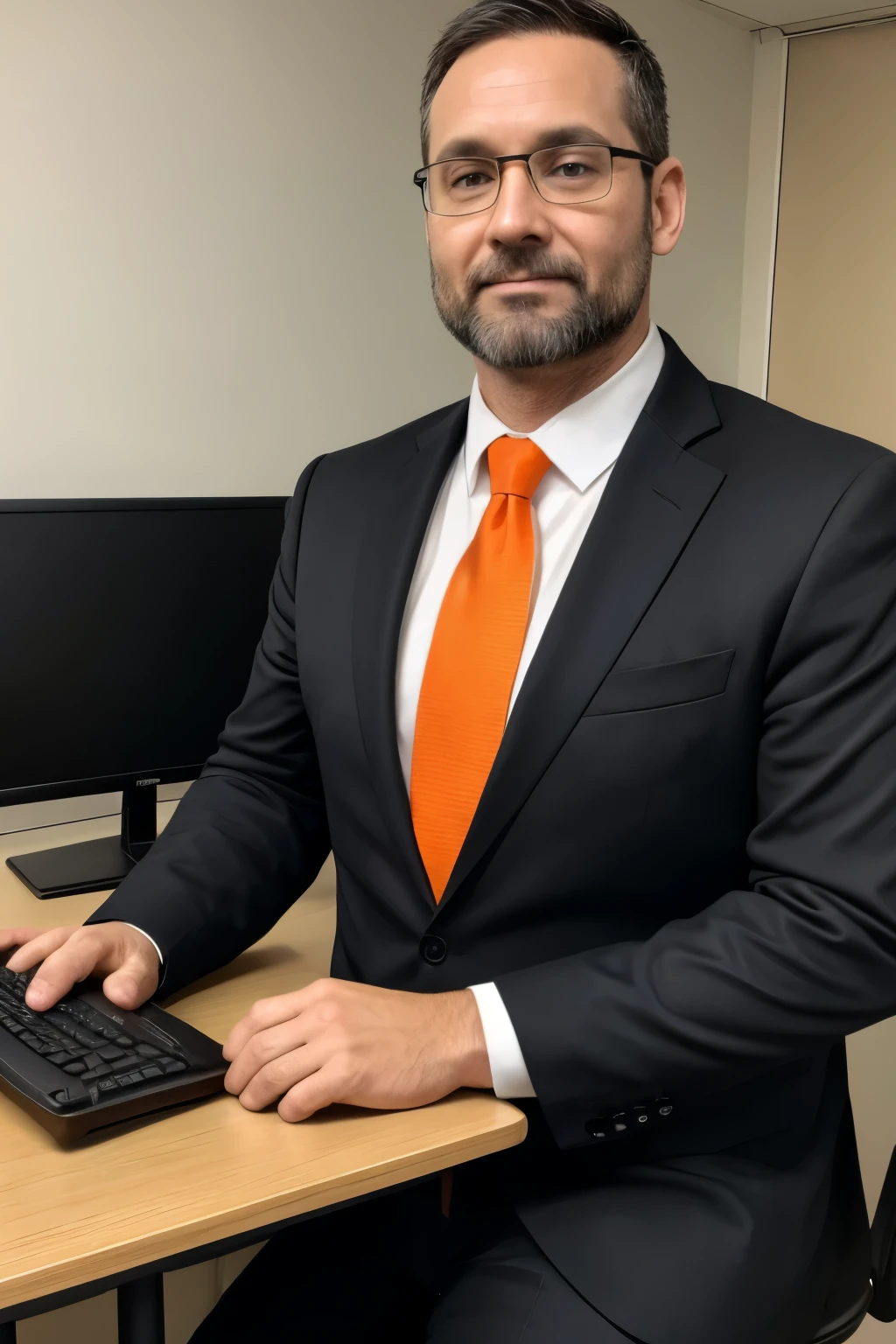 Black inner shirt,Black suit, orange tie,computer teacher,age 40 yearold,man