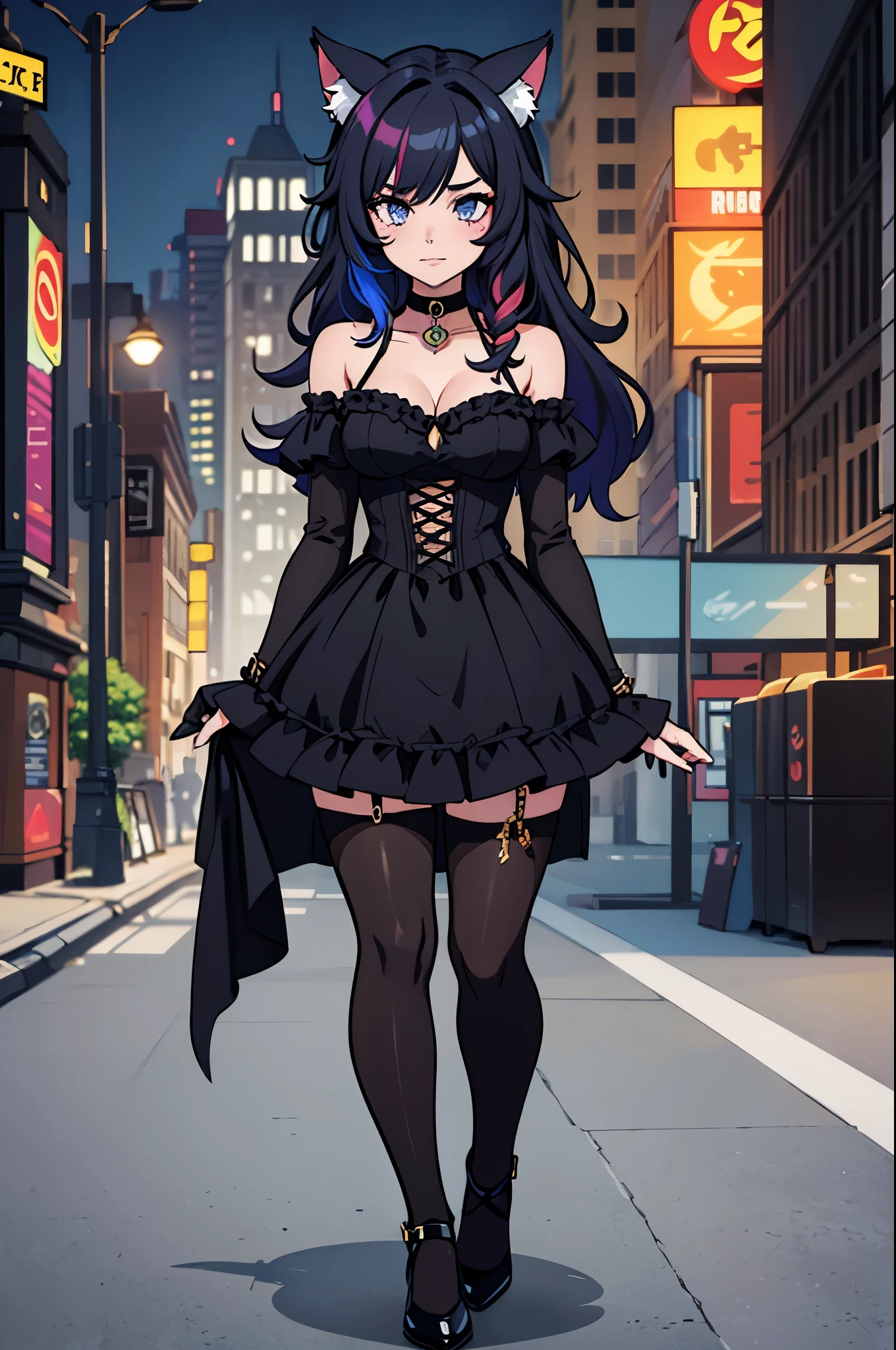 1 woman, multi-colored hair black white, (hair covering right eye), choker necklass around neck, gotham knights catgirl costume, gotham knights catgirl, full body outfit.