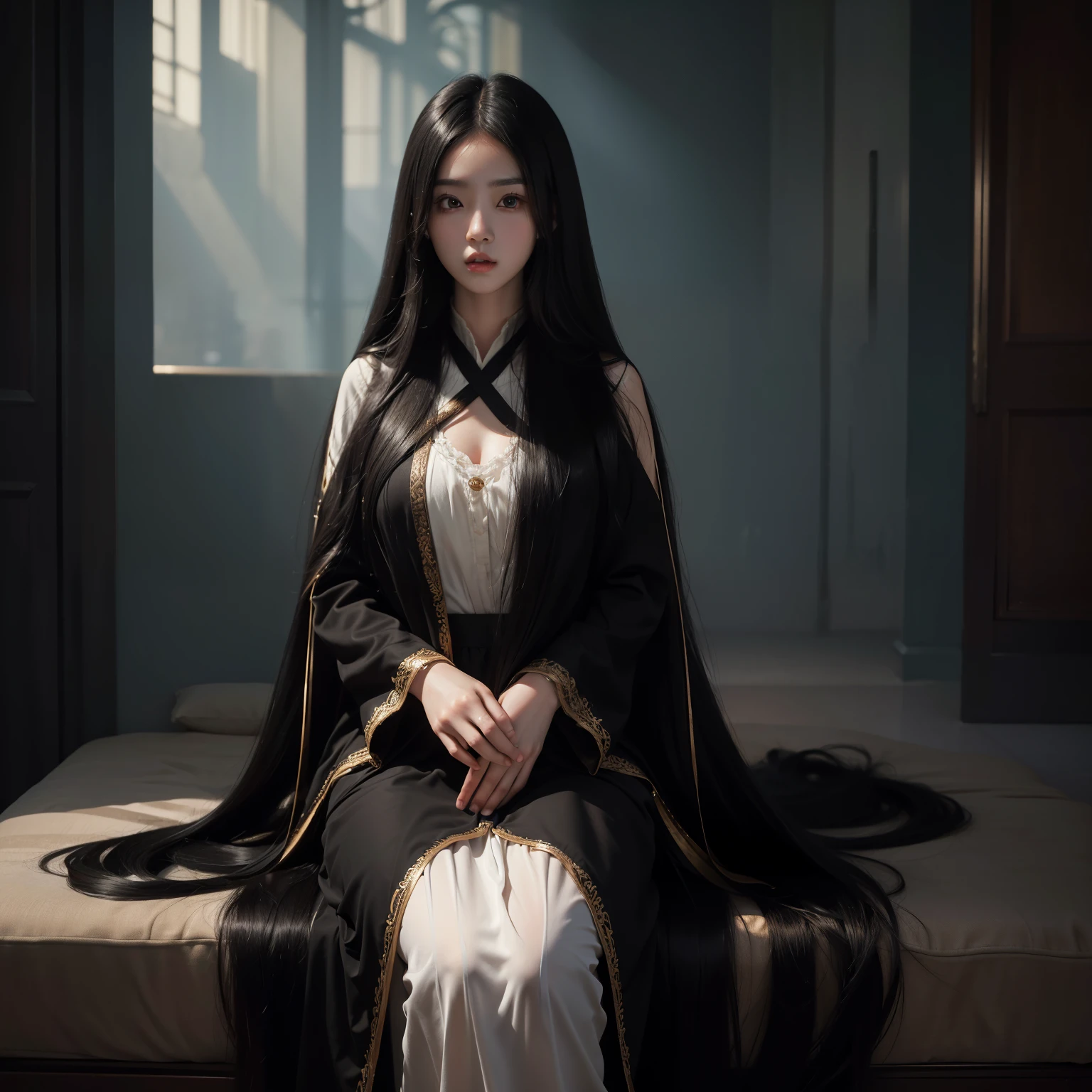 (Highest image quality、highest quality、highest resolution、super realistic photos、full body photo、masterpiece、）one girl、Surprisingly long black hair of 3 meters long、Her long hair hides her body and all you can see is her face.