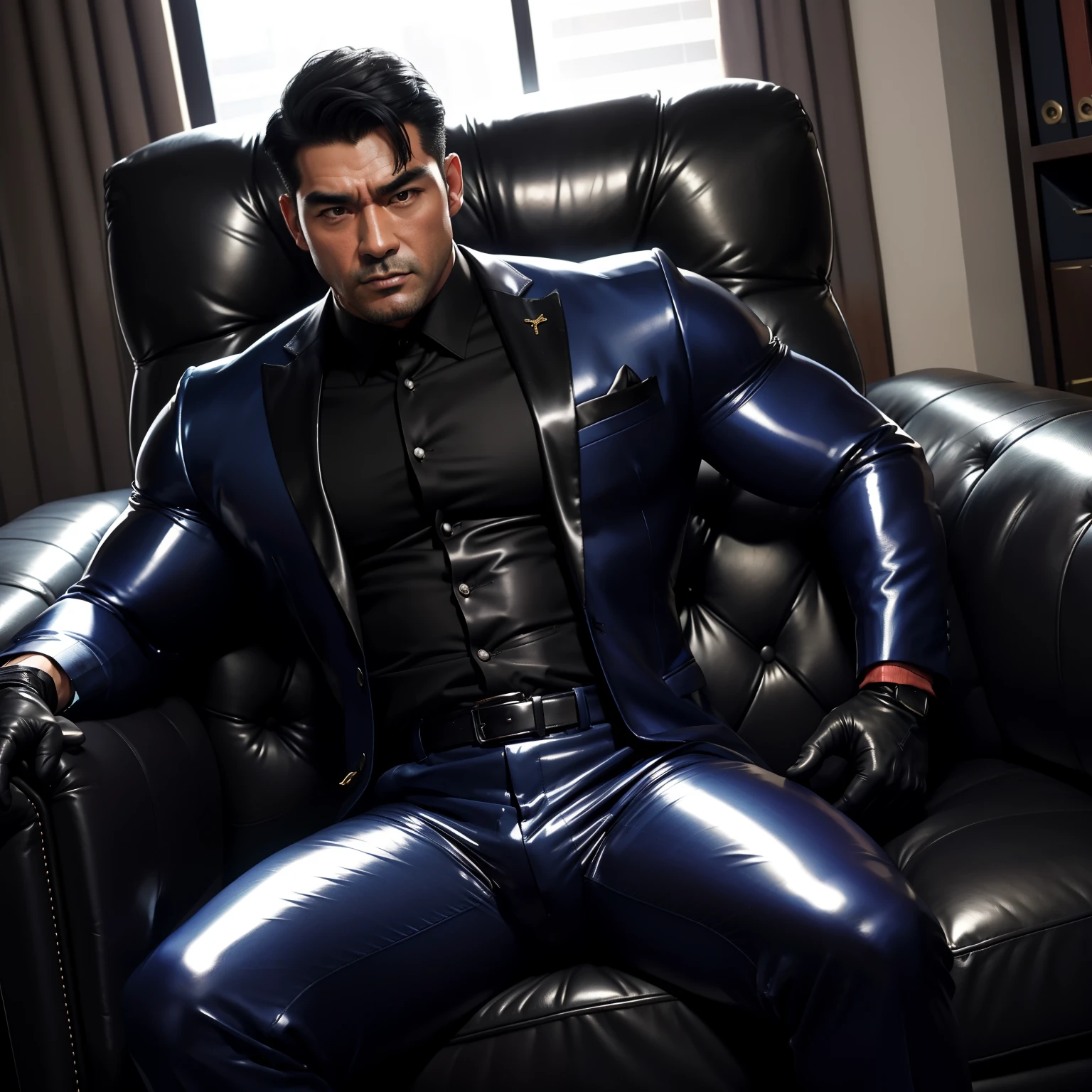 30 years old,daddy,"shiny suit ",Dad sat on sofa,k hd,in the office,"big muscle", gay ,black hair,asia face,masculine,strong man,the boss is,handsome,,leather gloves,lecherous dad,look straight ahead,dad is handsome,dad is handsome ,dad is "horny dad"