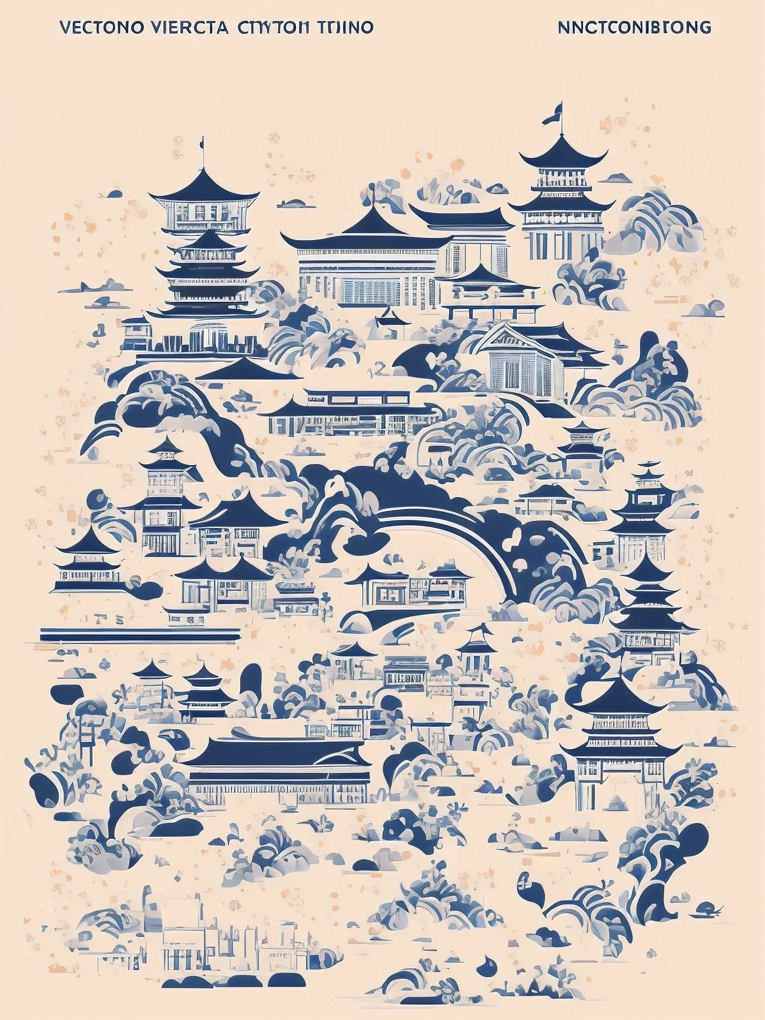 Vector illustration，Ningbo City的建筑呈和褐棕色，Ningbo City，Ningbo style pattern lines，Graphic Design Illustration Art，Thick lines，smooth lines，woodblock print，Meticulous character design，White background，3：4 Proportional dimensions