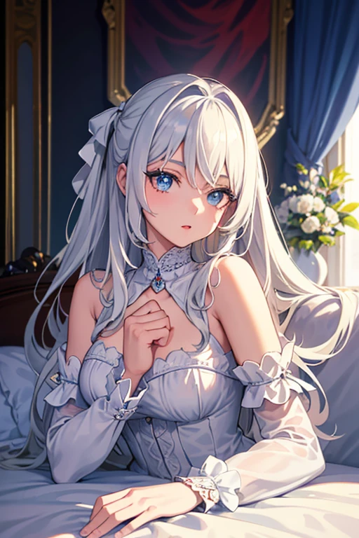 High resolution, highest quality, figure, cinematic light, Super detailed, detailed face, (fine eyes), highest quality, Super detailedな, masterpiece, (detailed face), pretty girl，long white hair，white pajamas，Blood all over the body，body chain，sob，please lie down on the bed