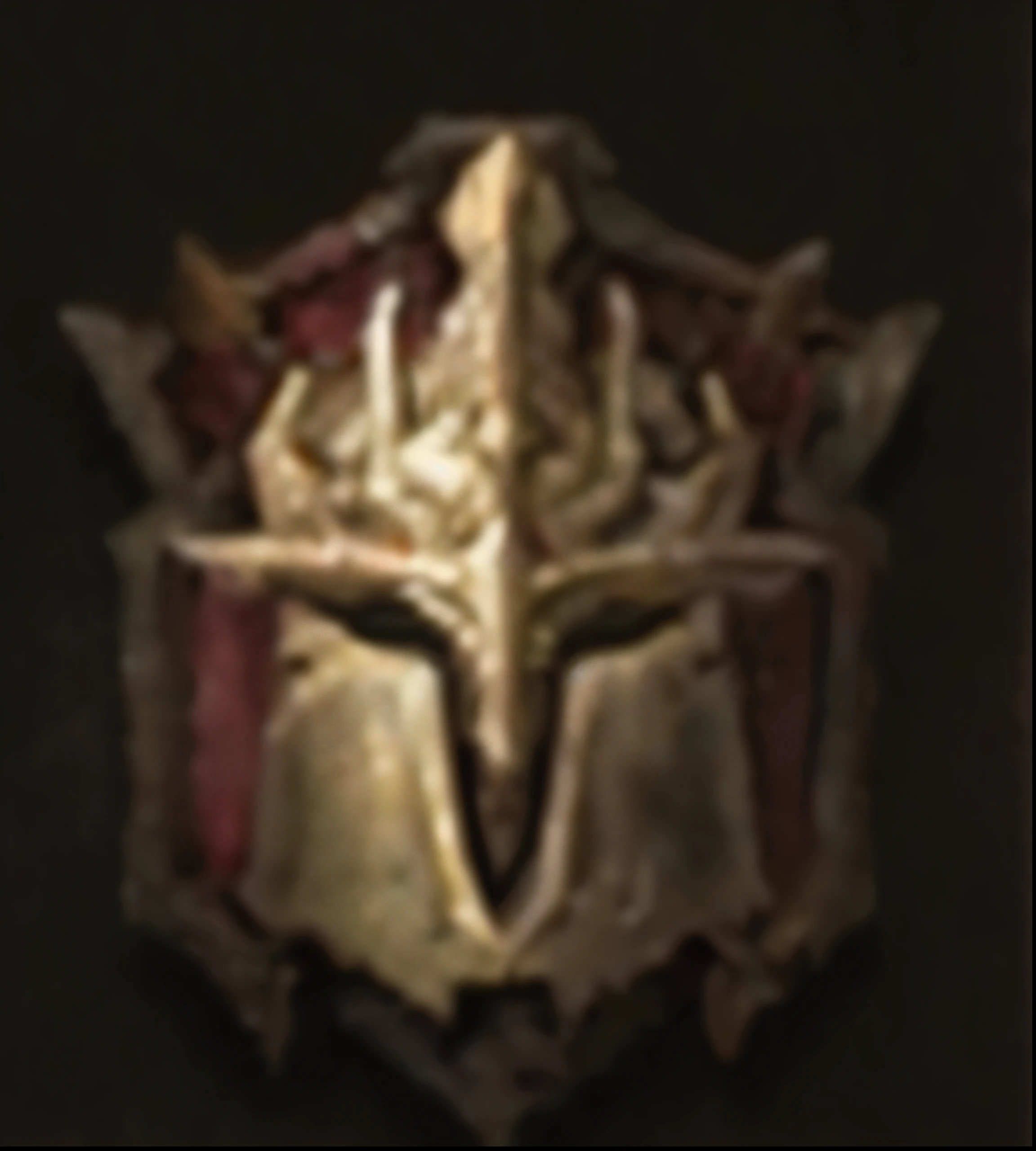 a close up of a gold rudderet on a black background, iron rudder, iron rudder maximalist, fantasy shield, rudder, insane quality, Breastplate, Templar, in game, character icon, badge, (((knight))), heavy knight rudderet, regular build, Severely blurry jpeg artifacts, emblem of wisdom, League of Legends inventory items, intriguing rudderet