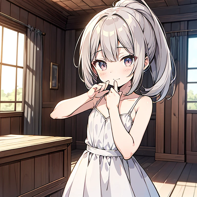 Anime girl around 5 years old,Double ponytail hairstyle 1.5,Long gray hair 1.5,Wearing a plain white dress,Standing in the girl's room(Laugh with your mouth open 1.5)(shy expression 1.5)(The background is in the village room:1.5),anime style 4k,anime rendering,anime style,8K fineness,(Upper body display:1.5)(young girl:1.3)(Child 1.5)(cinematic lighting:1.5)(Flat chest 1.5)