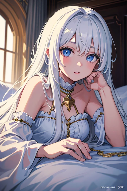 High resolution, highest quality, figure, cinematic light, Super detailed, detailed face, (fine eyes), highest quality, Super detailedな, masterpiece, (detailed face), pretty girl，long white hair，white pajamas，Blood all over the body，body chain，sob，please lie down on the bed