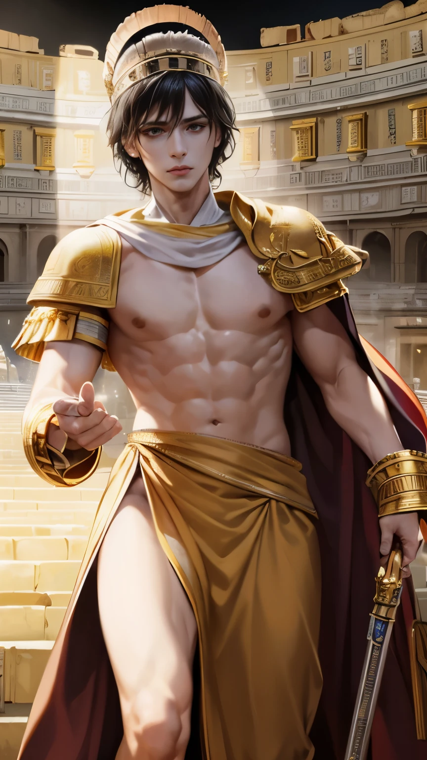 ((masterpiece)),((best quality)),8 thousand, very detailed, very detailed, stylish pose, roman era, Caesar 14세 소년, Roman emperor Elagabalus, Crowned, the most handsome in the world, Caesar, walk towards the camera, (very detailed clothes), (very detailed 왕관), pale skin, slim body, (coliseum background:1.7), (gladiators: 1.6), real skin texture, dark cinematic lighting, handsome man, cute looking,, reality, clear face, Clear, bright eyes, high detail, cinematic lighting, motion blur, ray tracing, reflective light, (enlargement), masterpiece, best quality, high quality, anatomically correct, textured skin, high details, super detail, 1080p, UHD, HD