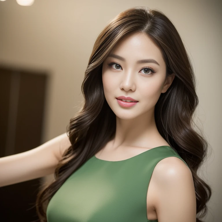 ((Angelina Sole)),((highest quality, 8K, masterpiece : 1.3)), sharp focus : 1.2, beautiful woman with perfect figure : 1.4, slim abs : 1.2, ((dark brown hair)), (Natural light, green : 1.1), Highly detailed face and skin texture, fine eyes, double eyelid、((professional makeup:1.3))、((sexy milf:1.3))、thick lips、lip gloss、eye make up、look up、((long hair)),Simple dress in black、Inside the museum、