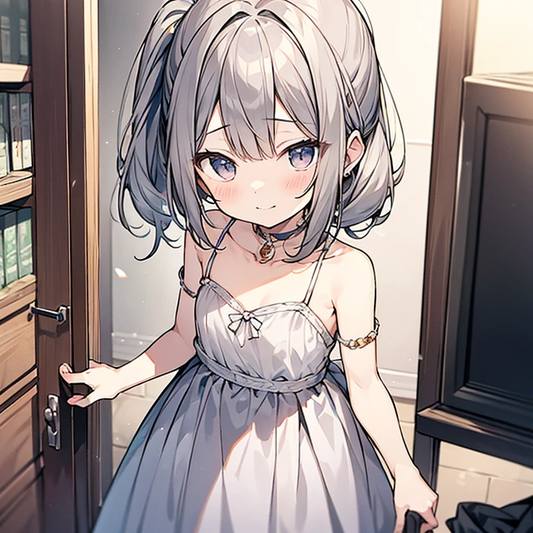 Anime girl around 5 years old,Double ponytail hairstyle 1.5,Long gray hair 1.5,Wearing a plain white dress,Standing in the girl's room(Laugh with your mouth open 1.5)(shy expression 1.5)(The background is in the village room:1.5),anime style 4k,anime rendering,anime style,8K fineness,(Upper body display:1.5)(young girl:1.3)(Child 1.5)(cinematic lighting:1.5)(Flat chest 1.5)