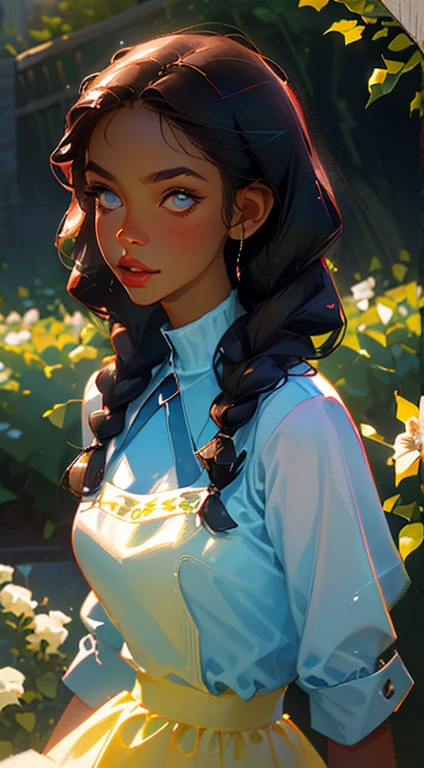 beautiful young woman, 2 long braids, thick bangs, dark hair, a lot of make-up, detailed eyes, detailed hair, detailed face, wearing round glasses, dark skin, portrait. face shot, long head, big nose, big lips, ebony skin, mischievous, blue eyes, wearing a white blouse, long blue skirt, with a brown apron, half body view, slim girl, 16 years old, cutting out flowers from bushes in a garden (natural skin textures、Hyper-Realism、Soft light、sharp)
