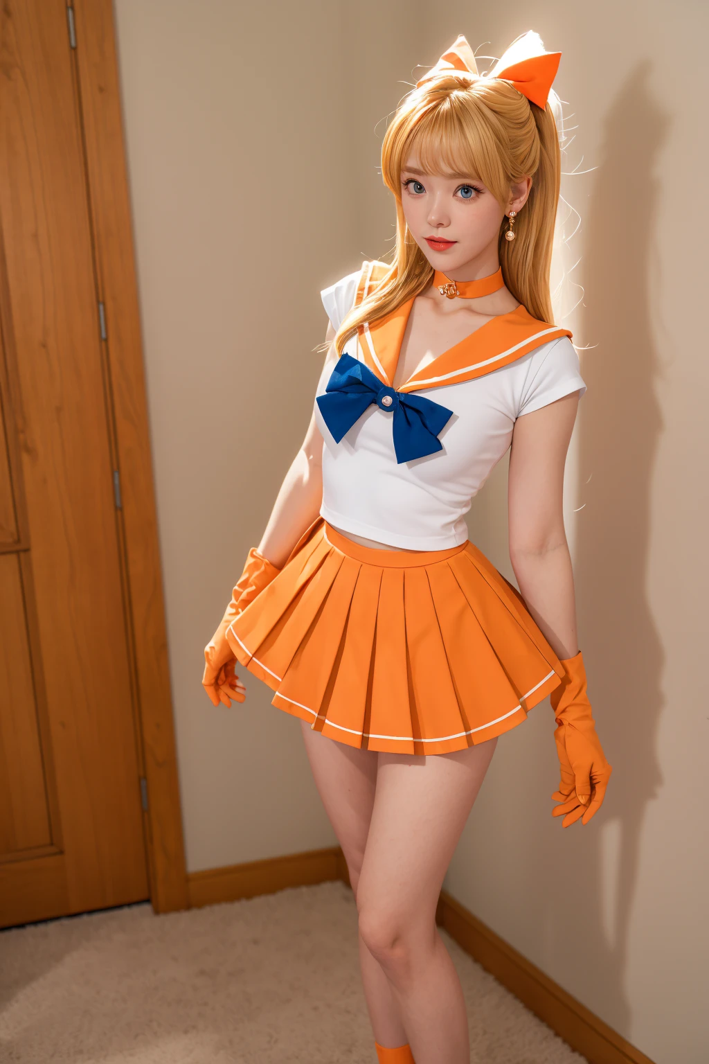 ((masterpiece)), ((best quality)), (ultra-detailed), flat color, colorful, in the room, a cute girl, solo, sailor suit, beautiful orange hair, beautiful pink eyes, (beautiful eyes), tights, rainbow