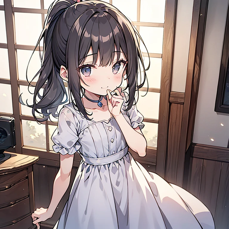 Woman with wavy black hair and purple eyes, Angle view from below,Sexy white lacy panties are visible、Frilled mini skirt、Complex skirt、Embarrassed expression、blush, Pale Eyeshadow, Cute face、(highest quality、masterpiece、High resolution、detailed)、animeスタイル、Flat Style、(Beautiful Eyes, Delicate and beautiful face, ),  BREAK,extremely detailed(The Shining), Best lighting, Best Shadow、floating, (High saturation),Shine, Focus on the face, Dynamic Angle、anime