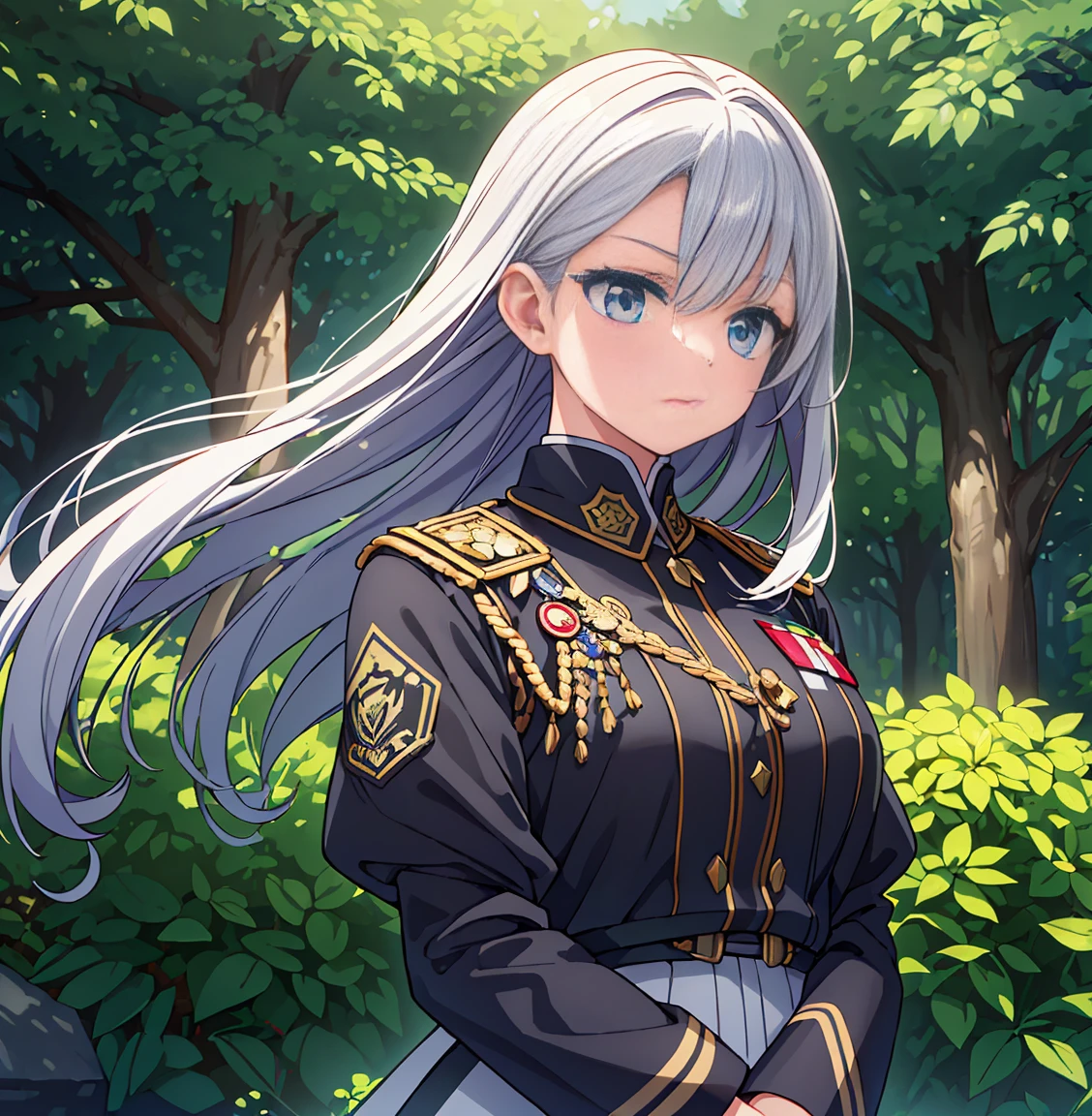 (best quality,4k,8k,highres,masterpiece:1.2),ultra-detailed,(realistic,photorealistic,photo-realistic:1.37),portrait,Alta in a garden,military uniform,casual clothes,short gray hair,fierce expression,intense gaze,wrinkles on her face,strong personality,sharp and piercing eyes,short gray hair blowing in the wind, silver strands reflecting the sunlight,meticulously textured clothes with military insignia and patches,impeccable attention to detail,weathered look of the clothes indicating a long journey,tattered edges and dirt stains,imposing stature of Alta,standing tall with confidence and pride,background filled with vibrant flowers and lush greenery,rich and saturated colors to evoke a sense of vitality,sunlight streaming through the leaves,casting beautiful shadows on Alta's determined face,soft lighting highlighting the texture of her gray hair and clothes,bokeh effect in the background,creating a dreamlike atmosphere that accentuates Alta's aura of strength and resilience.