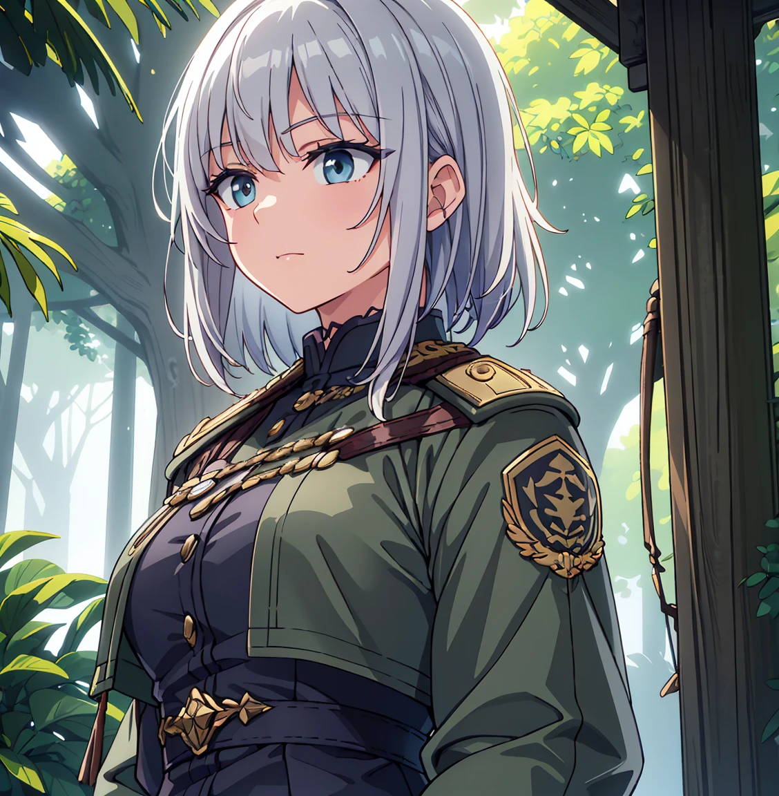 (best quality,4k,8k,highres,masterpiece:1.2),ultra-detailed,(realistic,photorealistic,photo-realistic:1.37),portrait,Alta in a garden,military uniform,casual clothes,short gray hair,fierce expression,intense gaze,wrinkles on her face,strong personality,sharp and piercing eyes,short gray hair blowing in the wind, silver strands reflecting the sunlight,meticulously textured clothes with military insignia and patches,impeccable attention to detail,weathered look of the clothes indicating a long journey,tattered edges and dirt stains,imposing stature of Alta,standing tall with confidence and pride,background filled with vibrant flowers and lush greenery,rich and saturated colors to evoke a sense of vitality,sunlight streaming through the leaves,casting beautiful shadows on Alta's determined face,soft lighting highlighting the texture of her gray hair and clothes,bokeh effect in the background,creating a dreamlike atmosphere that accentuates Alta's aura of strength and resilience.