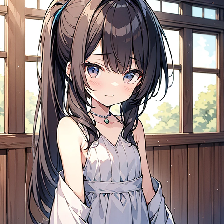 Anime girl around 5 ,Double ponytail hairstyle 1.5,Long gray hair 1.5,Wearing a plain white dress,Standing in the girl's room(Laugh with your mouth open 1.5)(shy expression 1.5)(The background is in the village room:1.5),anime style 4k,anime rendering,anime style,8K fineness,(Upper body display:1.5)(young girl:1.3)(Child 1.5ematic lighting:1.5)(Flat chest 1.5)