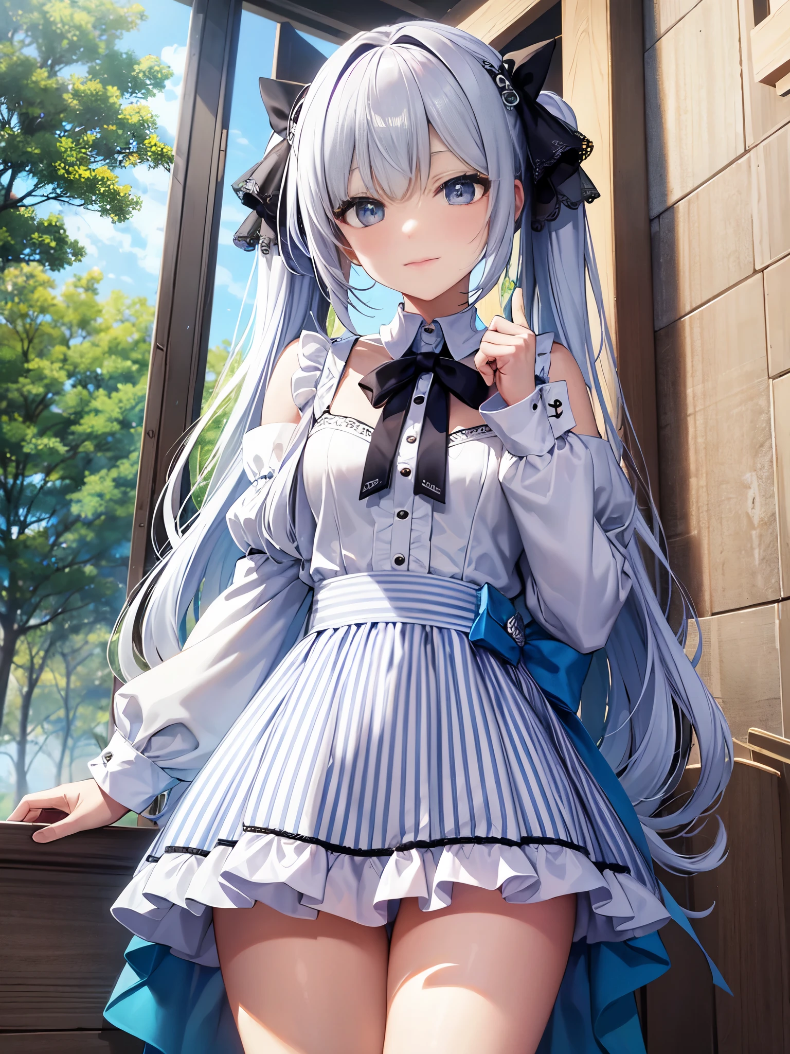 highest quality, maid, long silver hair twintails, Small breasts, shy, angle from below, mini skirt, light blue detailed lace underwear，break，ideal style，master piece，lift the skirt，（（open leg））