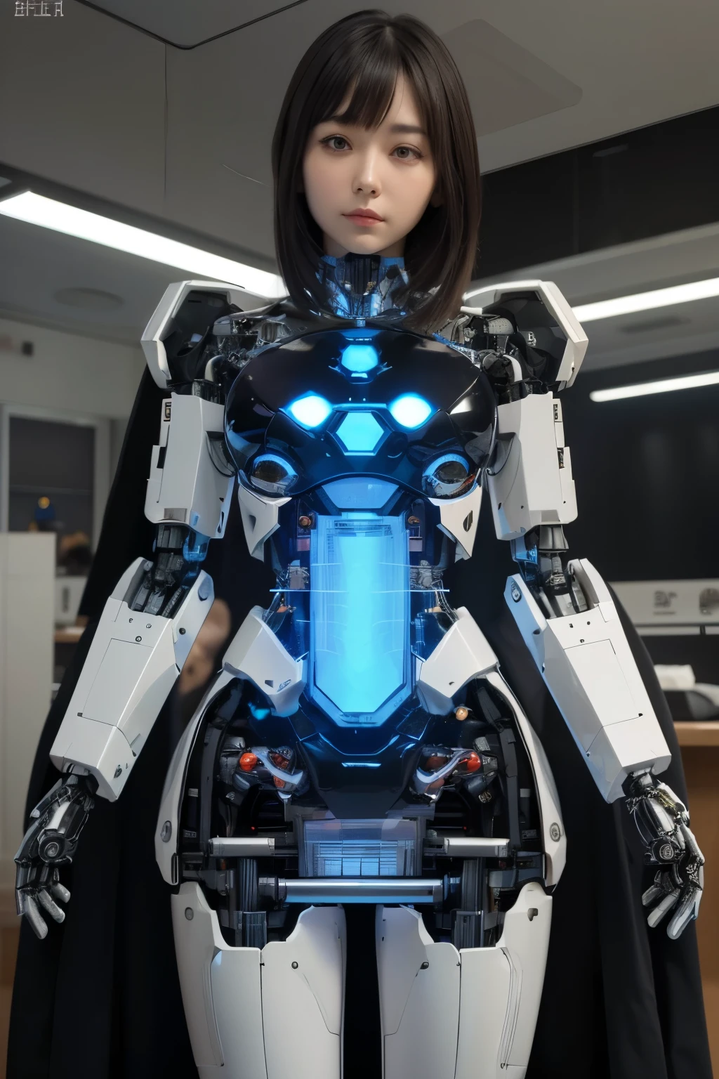 masterpiece, best quality, extremely detailed, (8K, 4K, Best Quality, hight resolution, 超A high resolution:1.1), (masutepiece, Realistic, Photorealsitic:1.1), Japaese Cyborg girl,Plump , control panels,android,Droid,Mechanical Hand, Robot arms and legs, Black Robot Parts,Black hair,Mechanical body,Blunt bangs,White robotics parts,perfect robot girl,future information counter,reception,long tube,thick cable connected her neck,ceramic body ,mechanical body, mechanical costume,android,robot,humanoid,cyborg,information office,japanese android receptionist ,mechanical chest,control panels,android,Droid,Mechanical Hand, Robot arms and legs, Black hair,Mechanical body,Blunt bangs,perfect mechanical abdomen,White robotics parts,perfect robot woman,She is powered by electricity,white robot body,perfect mechanical body,black sponge joints,The removable cover is on the groin,The connection port is on the groin,access panel on the chest,miniskirt,pleated skirt,dress shirts,dark black tights,perfect machine body,She has repaired now,perfect robot girl,robot receptionist,robot concierge,She is in information counter,