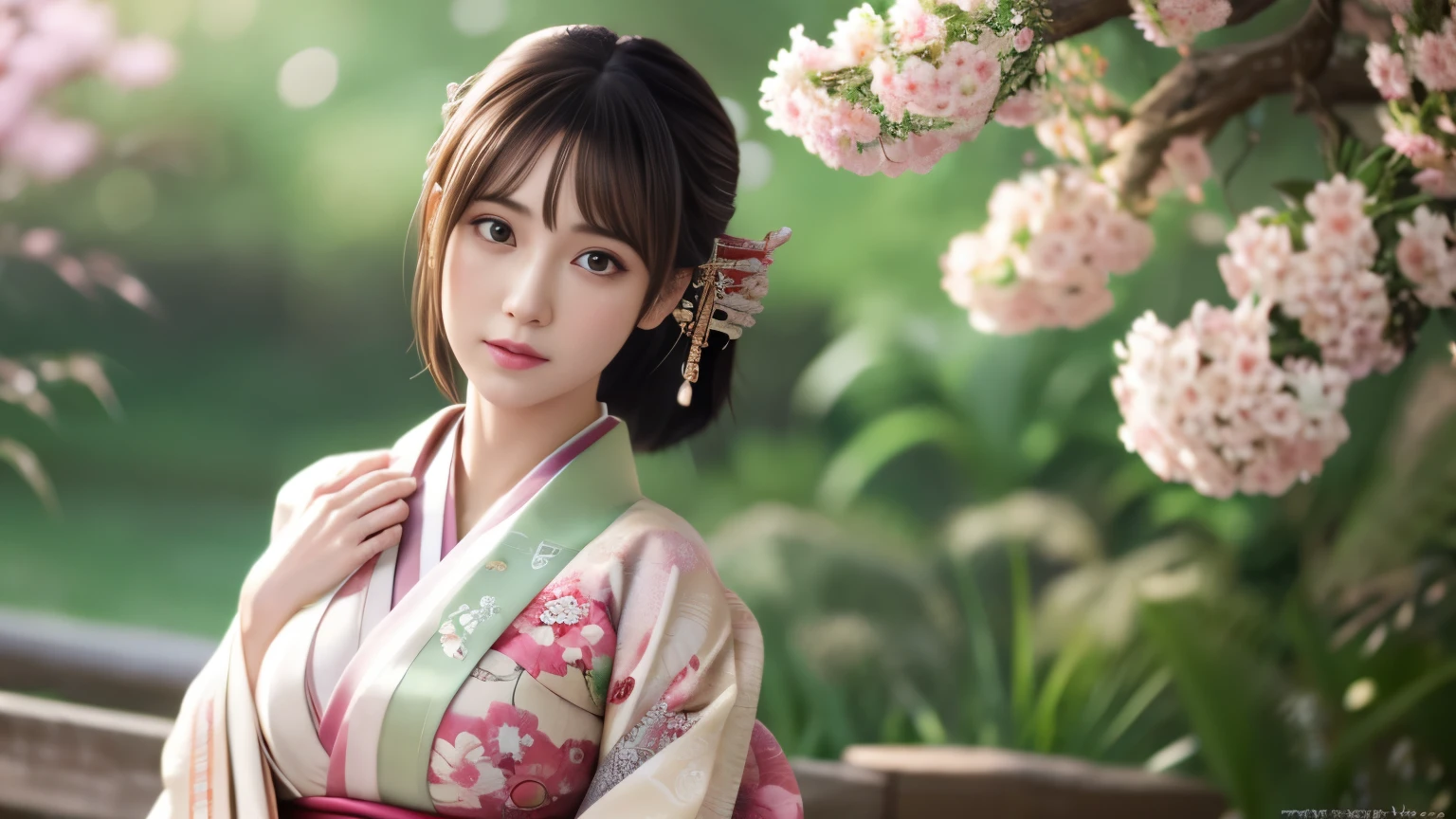 Highly detailed CG unity 8k wallpaper, with the best quality, super detailed pussy, Representative works, Reality, realistic pictures, Highly detailed cute girl, 25 years old, ((japanese, kimono, rush)) , round eyes, large breasts, hair ornaments, Are standing, Upper body, lower body