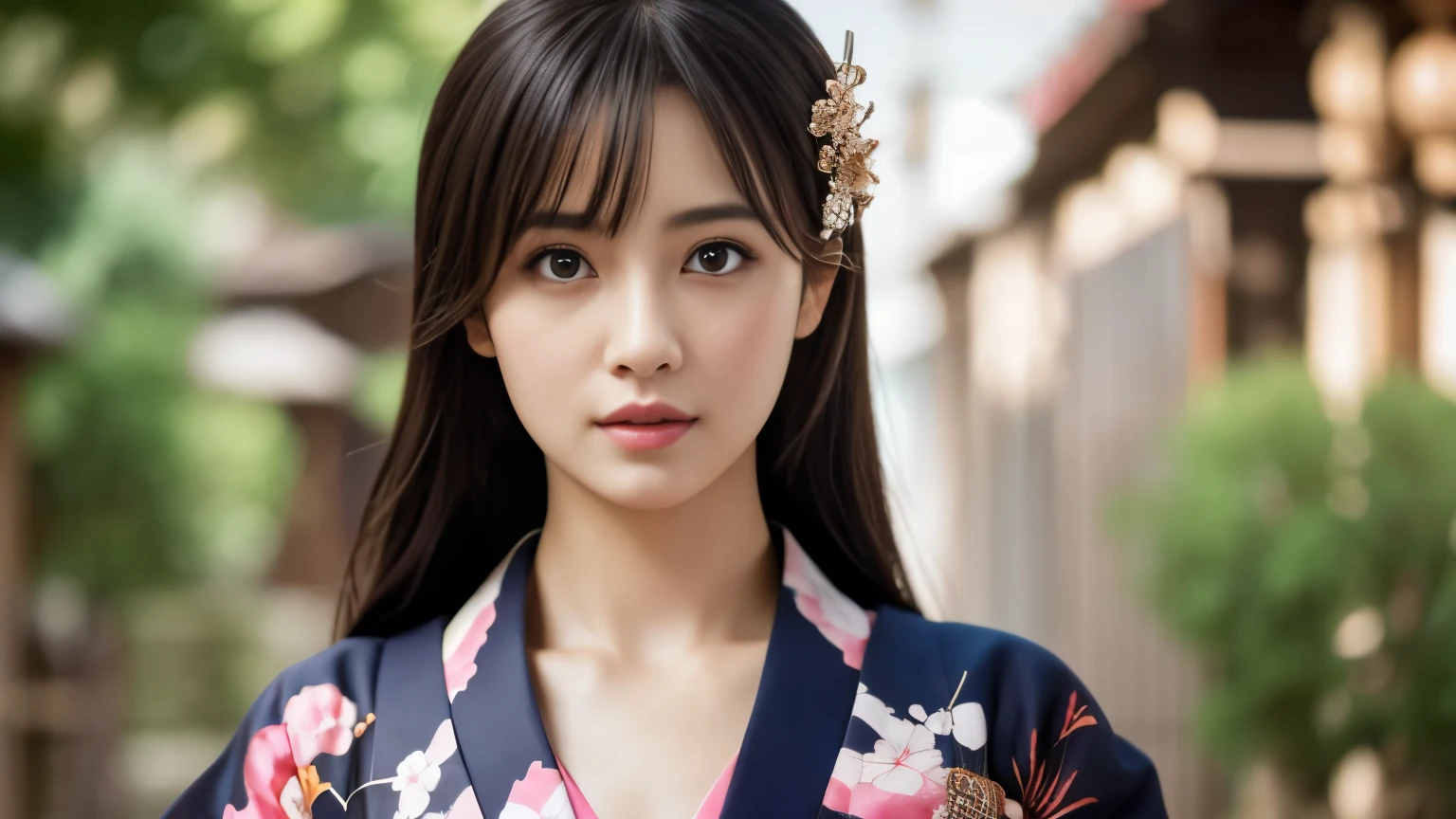 Highly detailed CG unity 8k wallpaper, with the best quality, super detailed pussy, Representative works, Reality, realistic pictures, Highly detailed cute girl, 25 years old, ((japanese, kimono, rush)) , round eyes, large breasts, hair ornaments, Are standing, Upper body, lower body