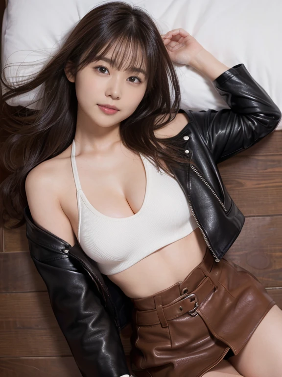 Super detailed、1 girl、Athlete body type、realistic skin texture、long hair、smile、stare、 (14 year old girl、small face、Extremely beautiful face, natural makeup)(fair skin)(sparkling eyes)round beautiful breasts、beautiful cleavage、thin waist、big ass、leather jacket、Cotton Tank Top、I can see your belly button、Leather tight mini skirt、、Movie Writing、obscene、Erotic、sleep:1.1、inviting pose(((Medium full shot from above)))Exciting and sensual、inviting pose、legs spread、Bedroom、Bed