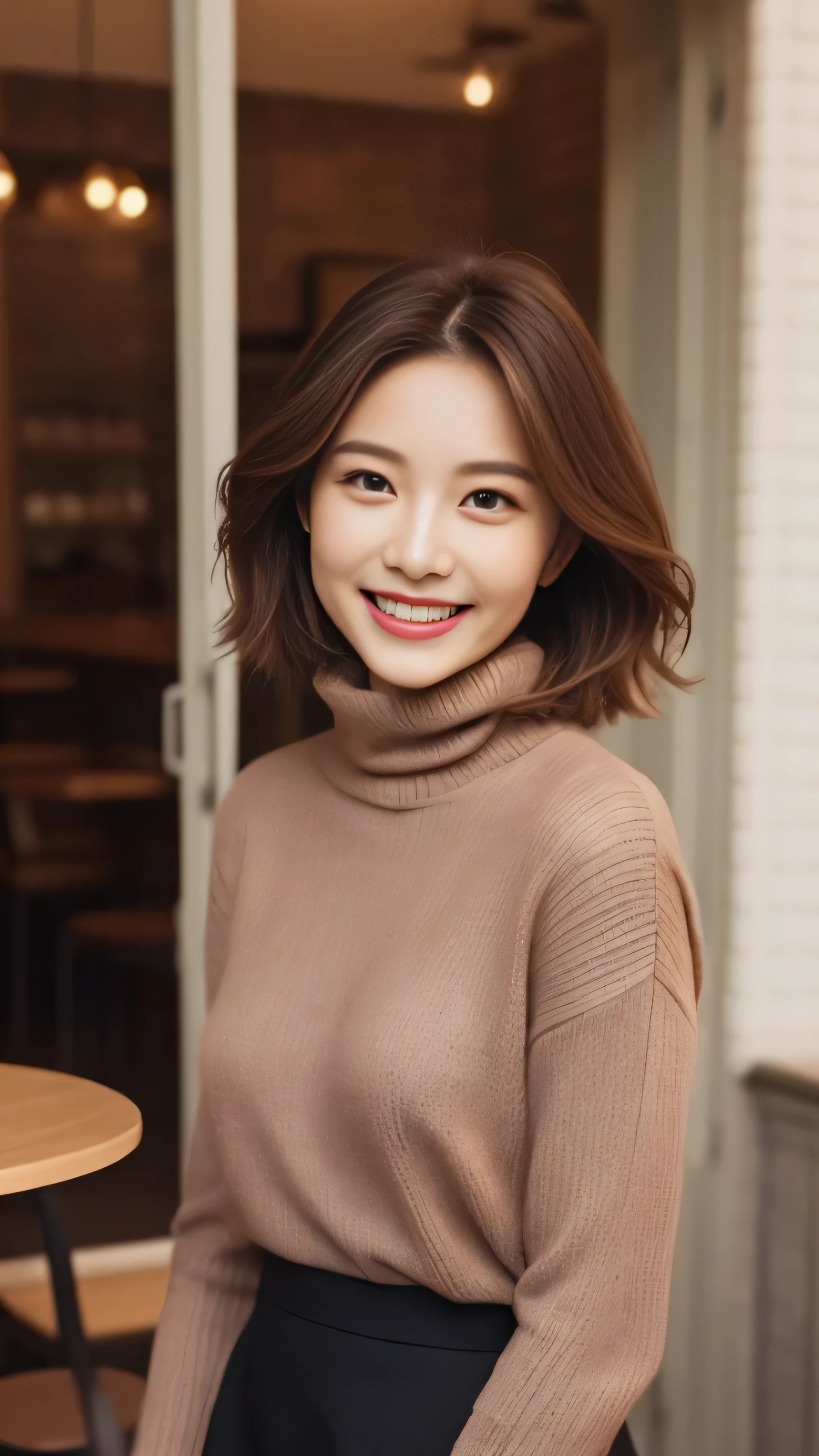 hostess face、sexy face、turtleneck wool sweater、skirt、High quality、Super realistic、healthy、smiling expression、perfect slender figure、Japanese beauty、 perfect eyes、Shining beautiful skin、Cafe