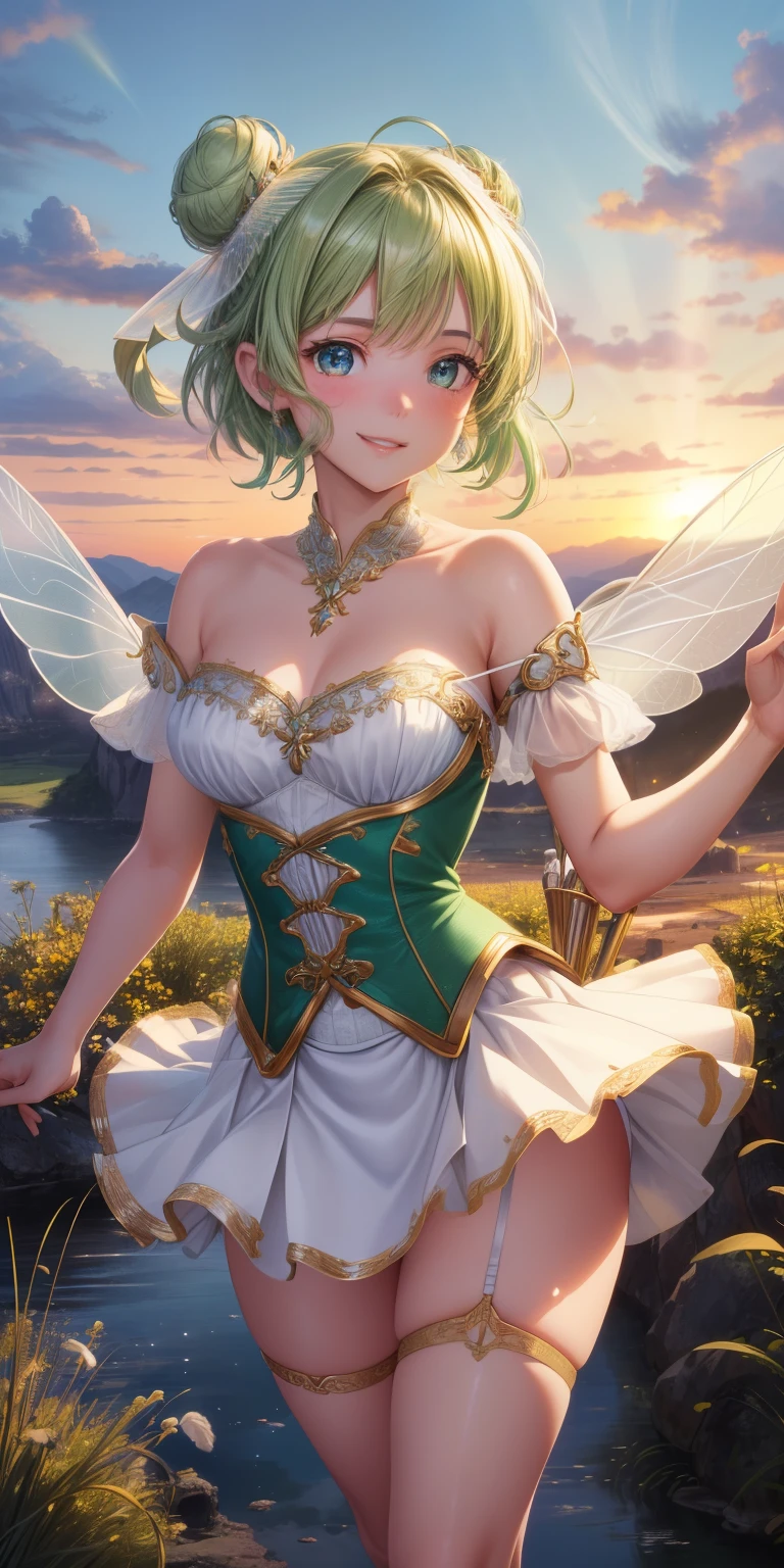 (Tinker Wife:1),Tinker Bell、mini skirt、超mini skirtレオタード、clear feathers、Legs open to show white panties、 smile, cute, cute pose, looking at the viewer, thick thighs, white panties single hair bun, short hair, (Strapless Green Dress:1), (fairy wings), are flying, (chest focus:1.2), From above, 
(realistic:1.2), (realism), (masterpiece:1.2), (highest quality), (Super detailed), (8K, 4K, Complex),(full body shot:1),(cowboy shot:1.2), (85mm),particles of light, lit, (very detailed:1.2),(detailed face:1.2), (Gradation), software, colorful,(fine eyes:1.2),
(detailed landscape, in a glass bottle:1.2),(detailed background),detailed landscape, (dynamic angle:1.2), (dynamic pose:1.2), (third law_composition:1.3), (Action range:1.2), wide shot, dawn, alone,