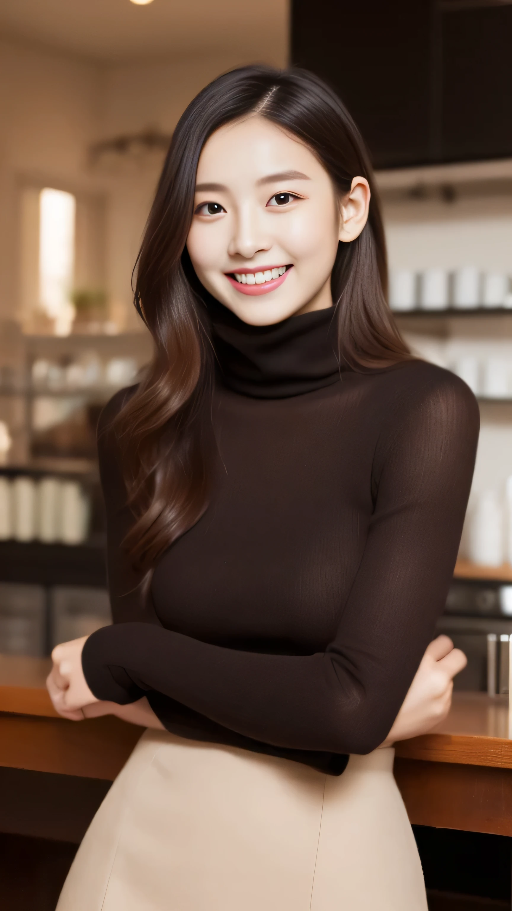 hostess face、sexy face、turtleneck wool sweater、skirt、High quality、Super realistic、healthy、smiling expression、perfect slender figure、Japanese beauty、 perfect eyes、Shining beautiful skin、Cafe