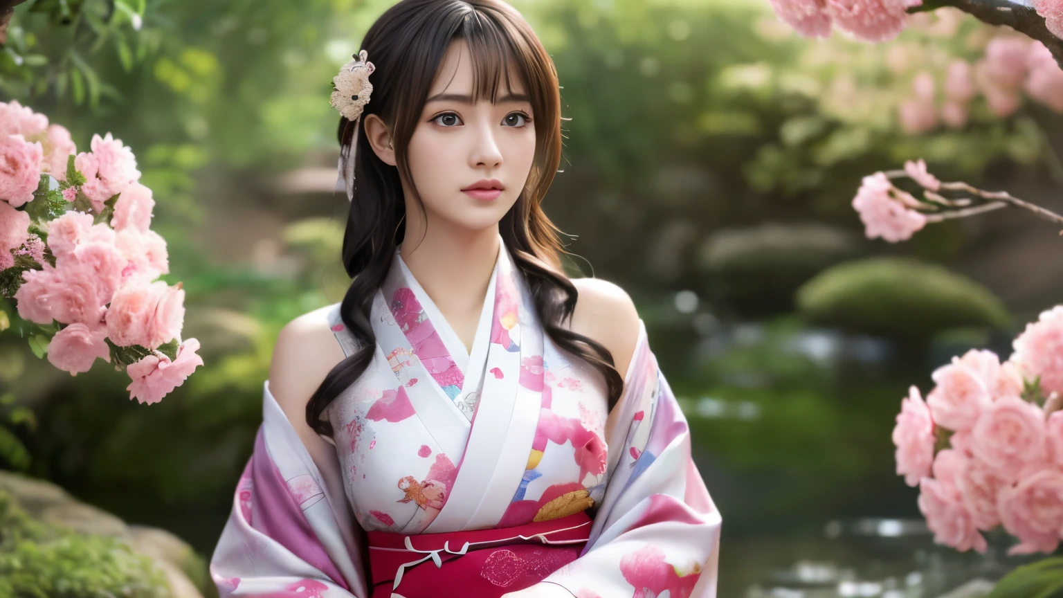 Highly detailed CG unity 8k wallpaper, with the best quality, super detailed pussy, Representative works, Reality, realistic pictures, Highly detailed cute girl, 25 years old, ((japanese, kimono, rush)) , round eyes, large breasts, hair ornaments, Are standing, Upper body, lower body