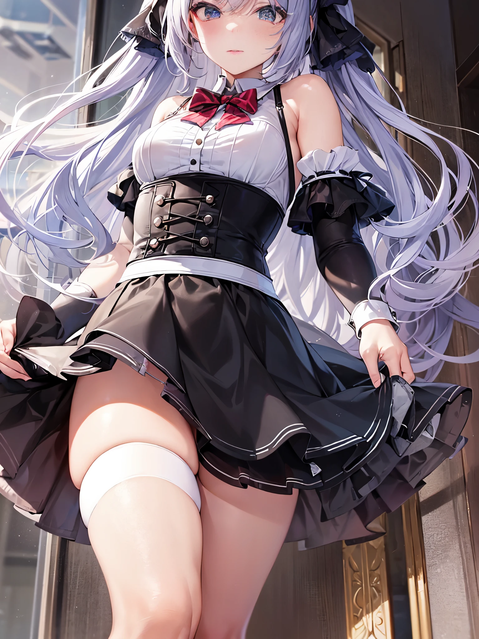 highest quality, maid, long silver hair twintails, Small breasts, shy, angle from below, mini skirt, light blue detailed lace underwear，break，ideal style，master piece，break，lift the skirt，break，（（open leg）），lift up the skirt