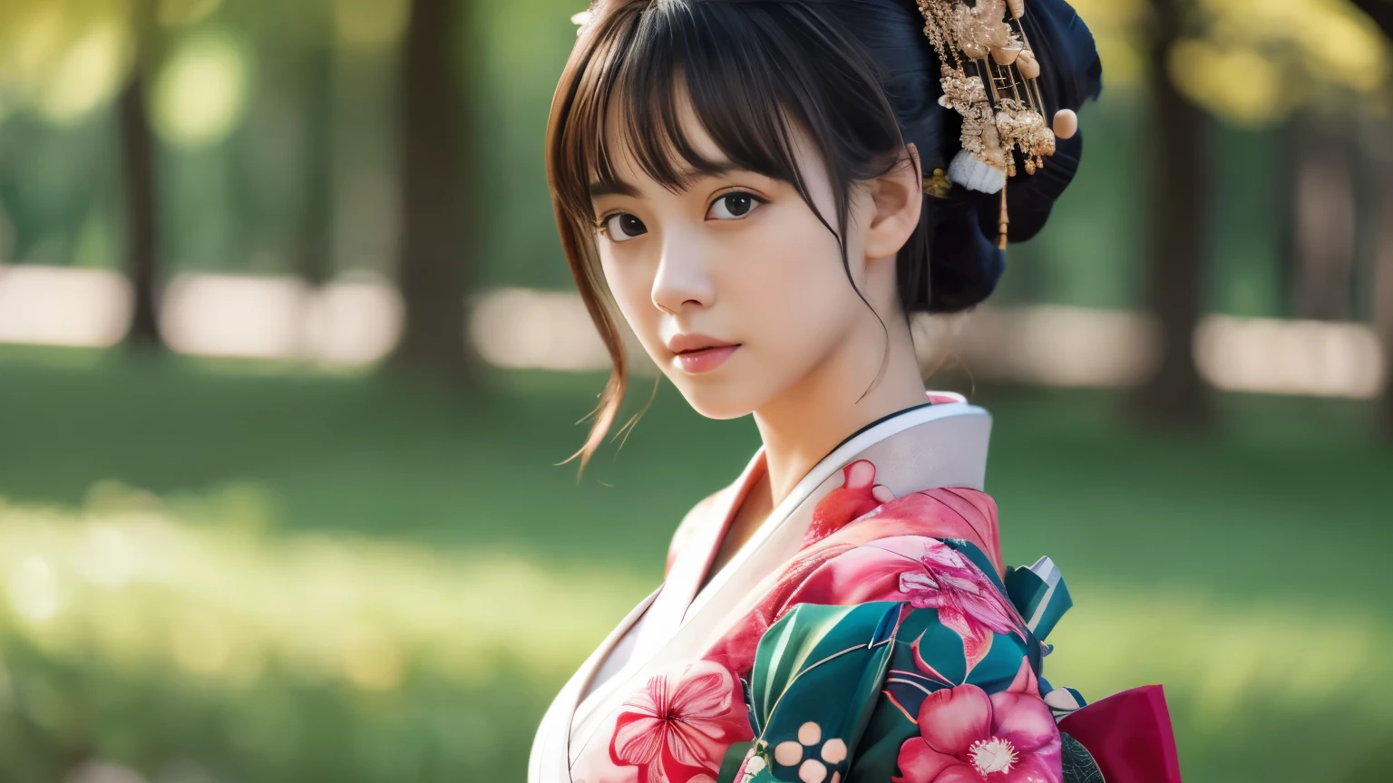 Highly detailed CG unity 8k wallpaper, with the best quality, super detailed pussy, Representative works, Reality, realistic pictures, Highly detailed cute girl, 25 years old, ((japanese, kimono, rush)) , round eyes, large breasts, hair ornaments, Are standing, Upper body, lower body