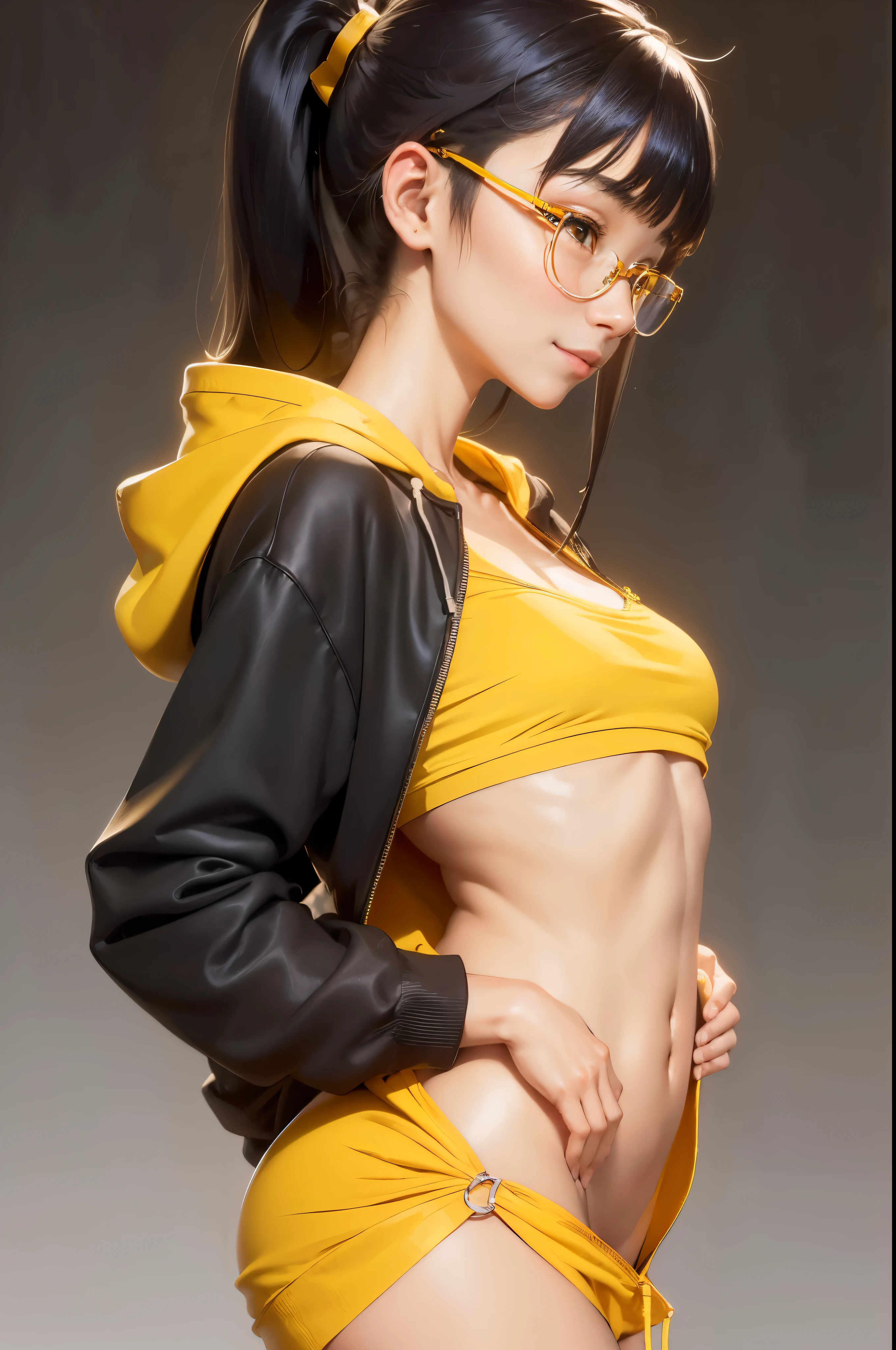 (from the side:1.5), 1 beautiful Thai girl, Watch the audience., Long hair in a ponytail, smooth, glasses, Smile mischievously, small breast, perky nipples, Over-ear headphones, full body, Stand still.., ((Yellow long hoodie)), (open chest: 1.5), Low-key lighting, พื้นหลังสีดําsmooth, anime, very high,