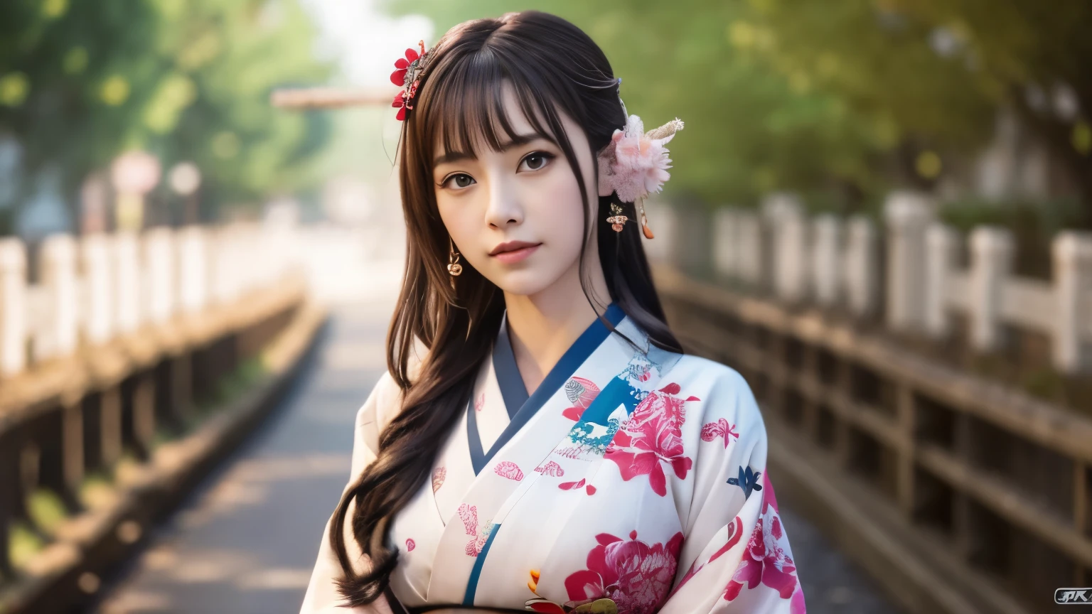 Highly detailed CG unity 8k wallpaper, with the best quality, super detailed pussy, Representative works, Reality, realistic pictures, Highly detailed cute girl, 25 years old, ((japanese, kimono, rush)) , round eyes, large breasts, hair ornaments, Are standing, Upper body, lower body