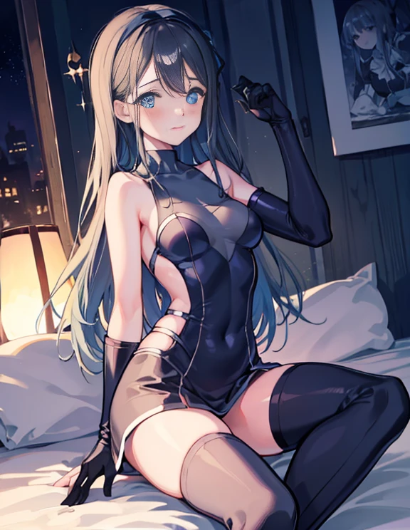 table top, highest quality,sleep on your back in bed,Crab crotch,show me your boots,thigh high boots,glove,Strange thieves,elegant, 1 girl, muscular,cute, blushed, looking at the viewer, from below,body suit, prison,blue eyes, beautiful eyes, beautiful background, particles of light, Light of the sun, dramatic lighting, outside, shiny, realistic, table top, highest quality, Super detailed, become familiar with, scenery, beautiful and detailed eyes, thin hair